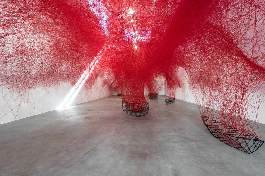 Chiharu Shiota, Uncertain Journey, 2016, Installation view, Courtesy the artist and Blain|Southern, Photo- Christian Glaeser