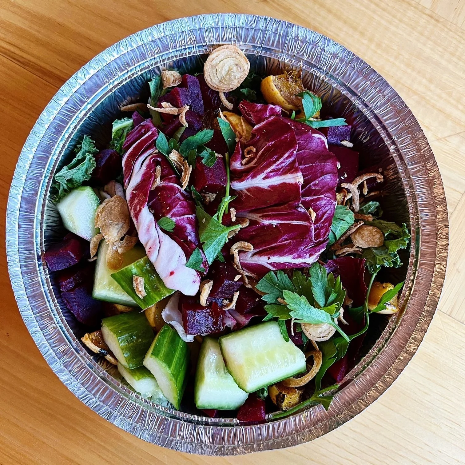 fresh greens, radicchio, cucumber and toasty nuts for a really good salad