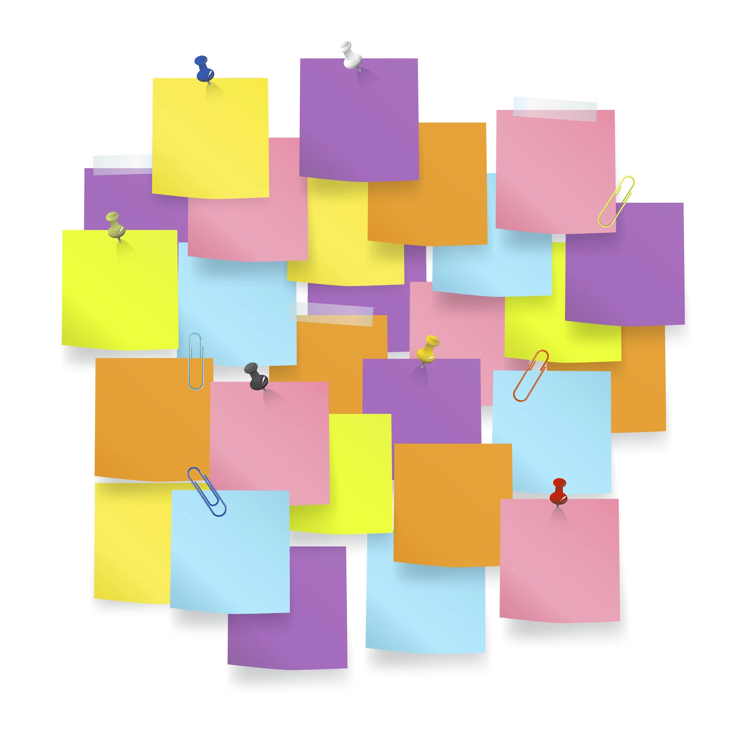 Illustration of multiple sticky notes pinned to a wall.