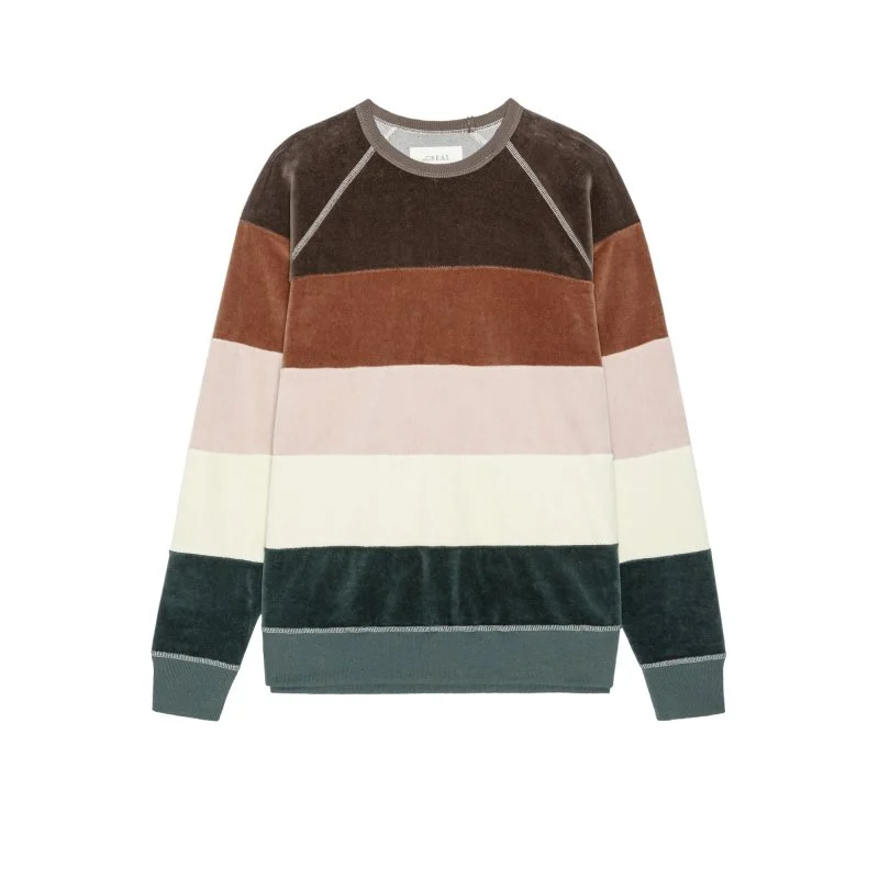 THE PIECED STRIPE VELOUR COLLEGE SWEATSHIRT