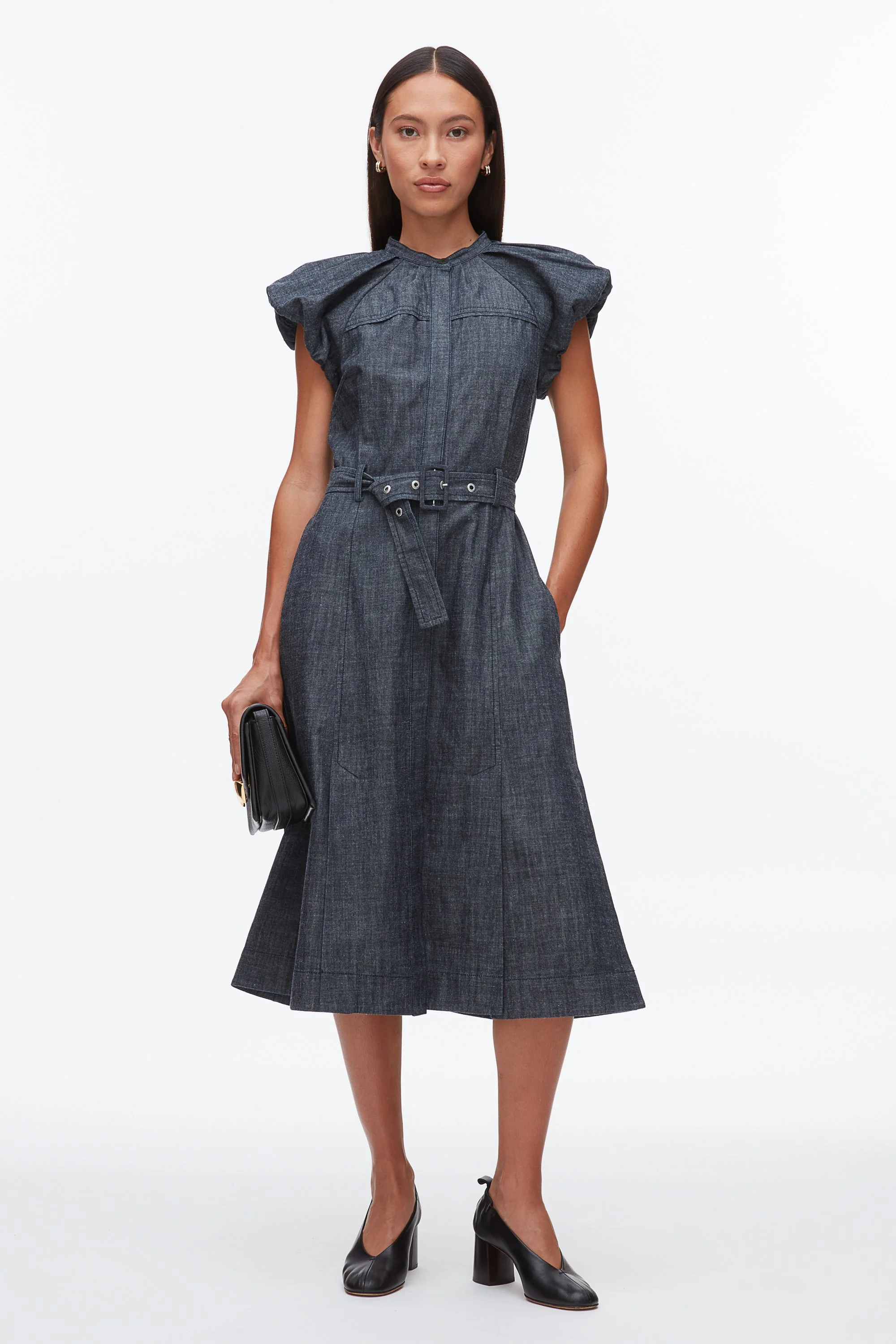 DENIM SHIRTING PUFF SLEEVELESS DRESS