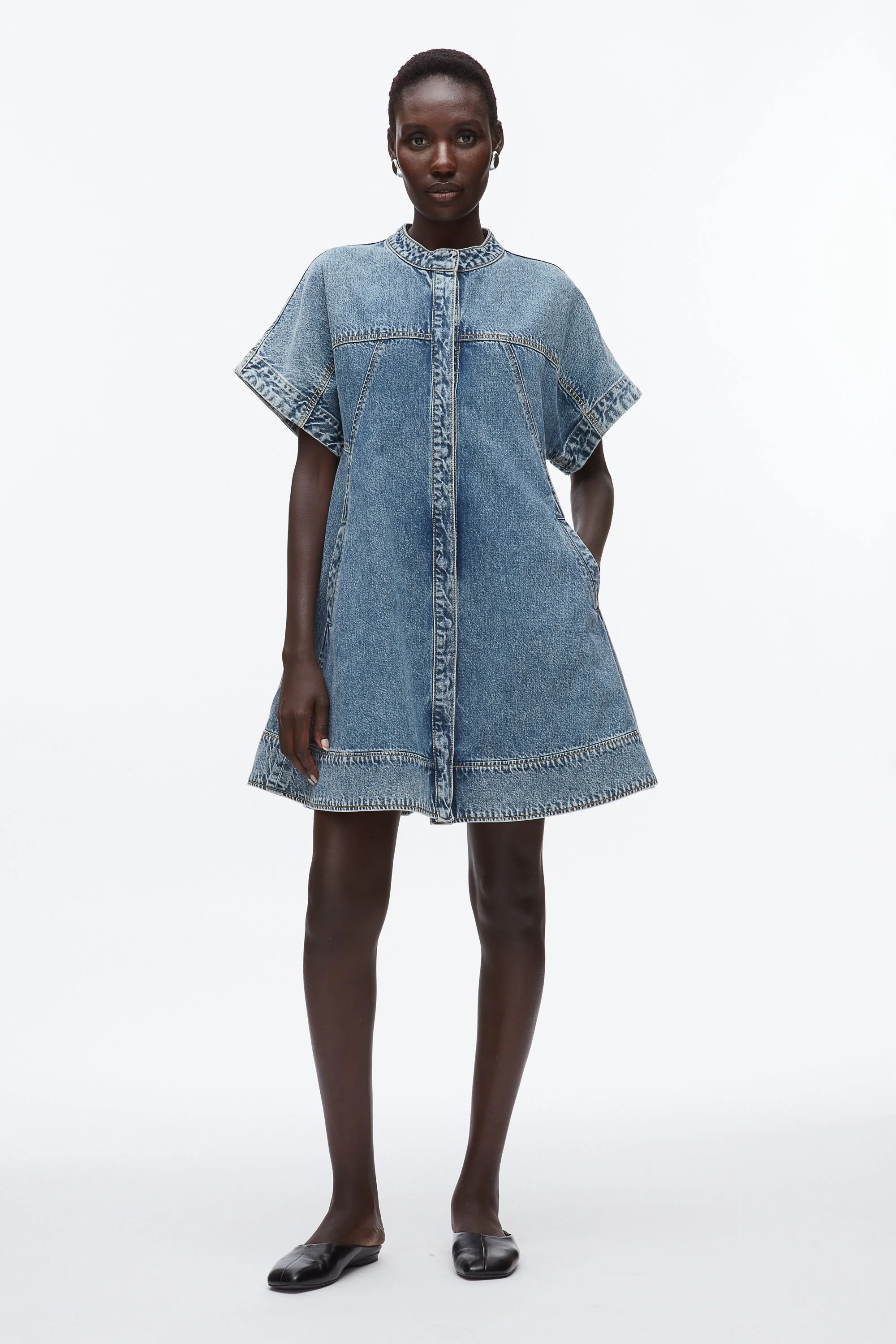LIGHTWEIGHT DENIM SS TRAPEZE DRESS