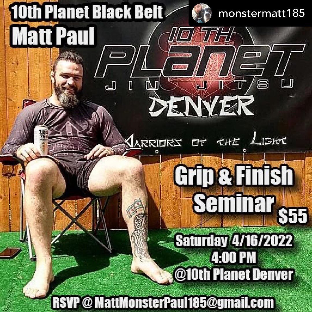 Posted @withregram &bull; @monstermatt185 Seminar Alert! I will be heading up a seminar April 16th at 4pm MST! Focus will be on grips and specific finishing applications I prefer to use. There will be a Q&amp;A workshop and rolling at the end, so bri