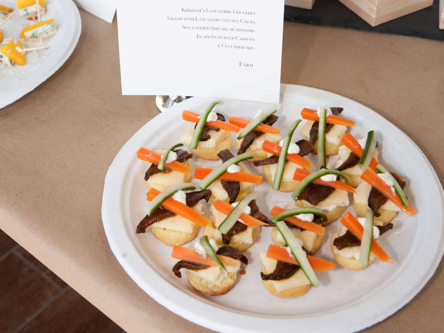 Kirkham’s Lancashire on a Lancashire gougère base, with Lancashire-infused crema, soy candied shiitake mushrooms, jalapeño pickled carrots, and cucumber skin. Photo Credit Kathryn M. Sheldon.