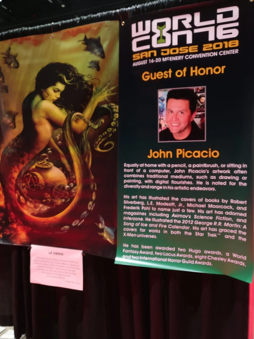 Worldcon 76 banner about the Artist Guest of Honor, John Picacio