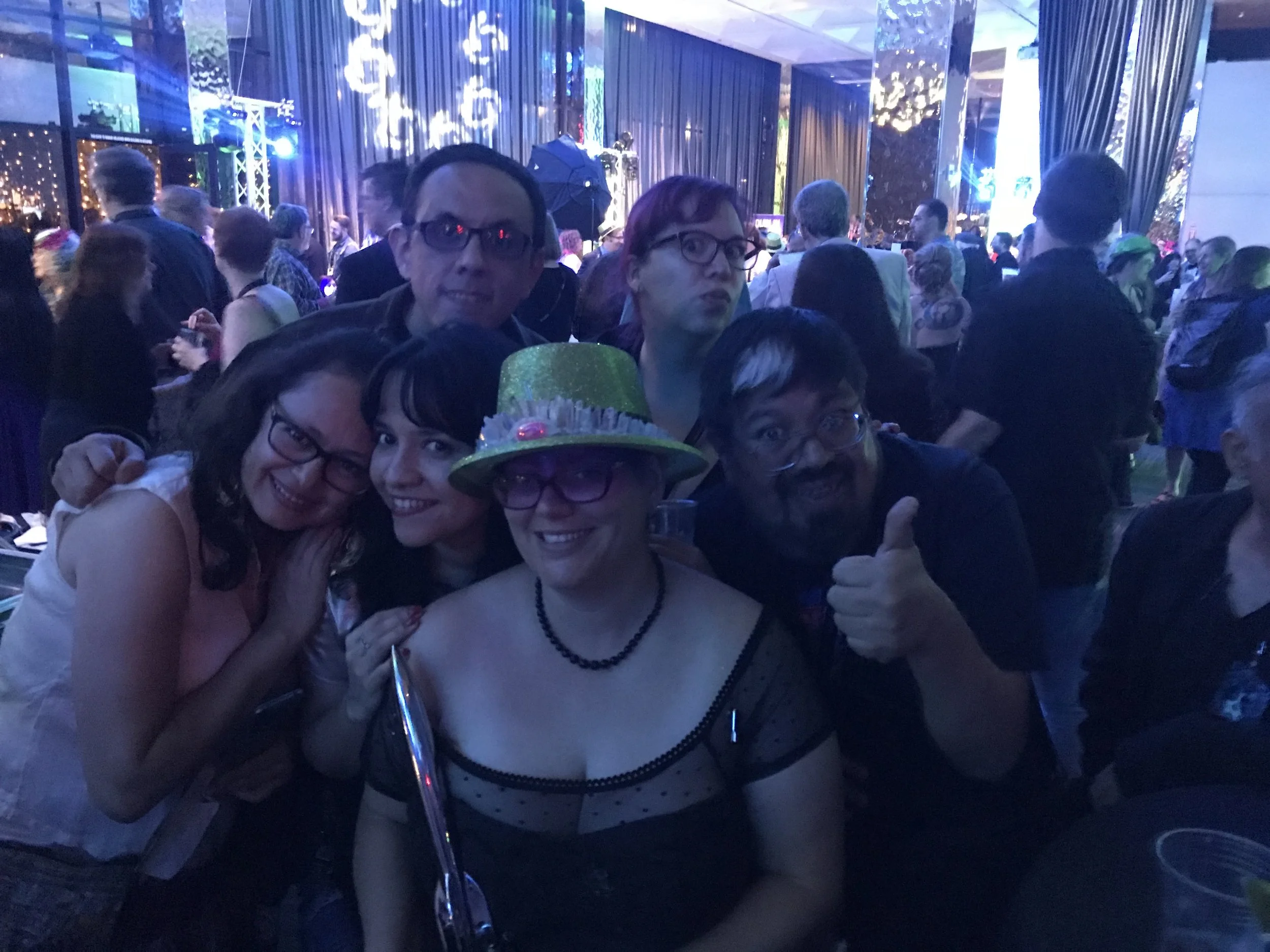 Libia Brenda, Alberto Chimal, Gabriela Damián, Raquel Castro, José Luis Zárate, and Julia Rios at the Hugo Losers party