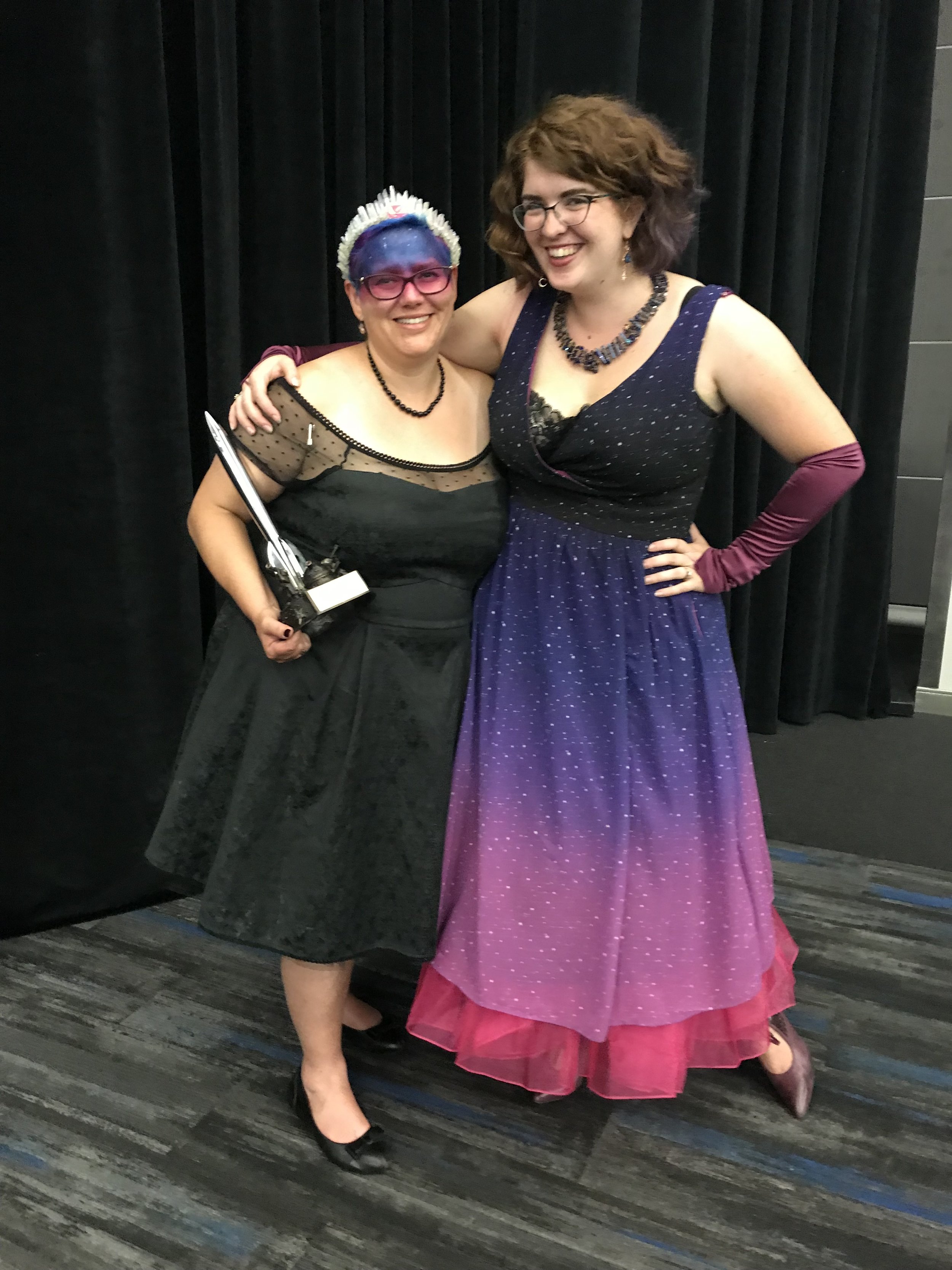 Julia Rios and Alyshondra Meacham after the Hugo Awards at Worldcon 76 (Photo by Anonymous on Julia's phone)