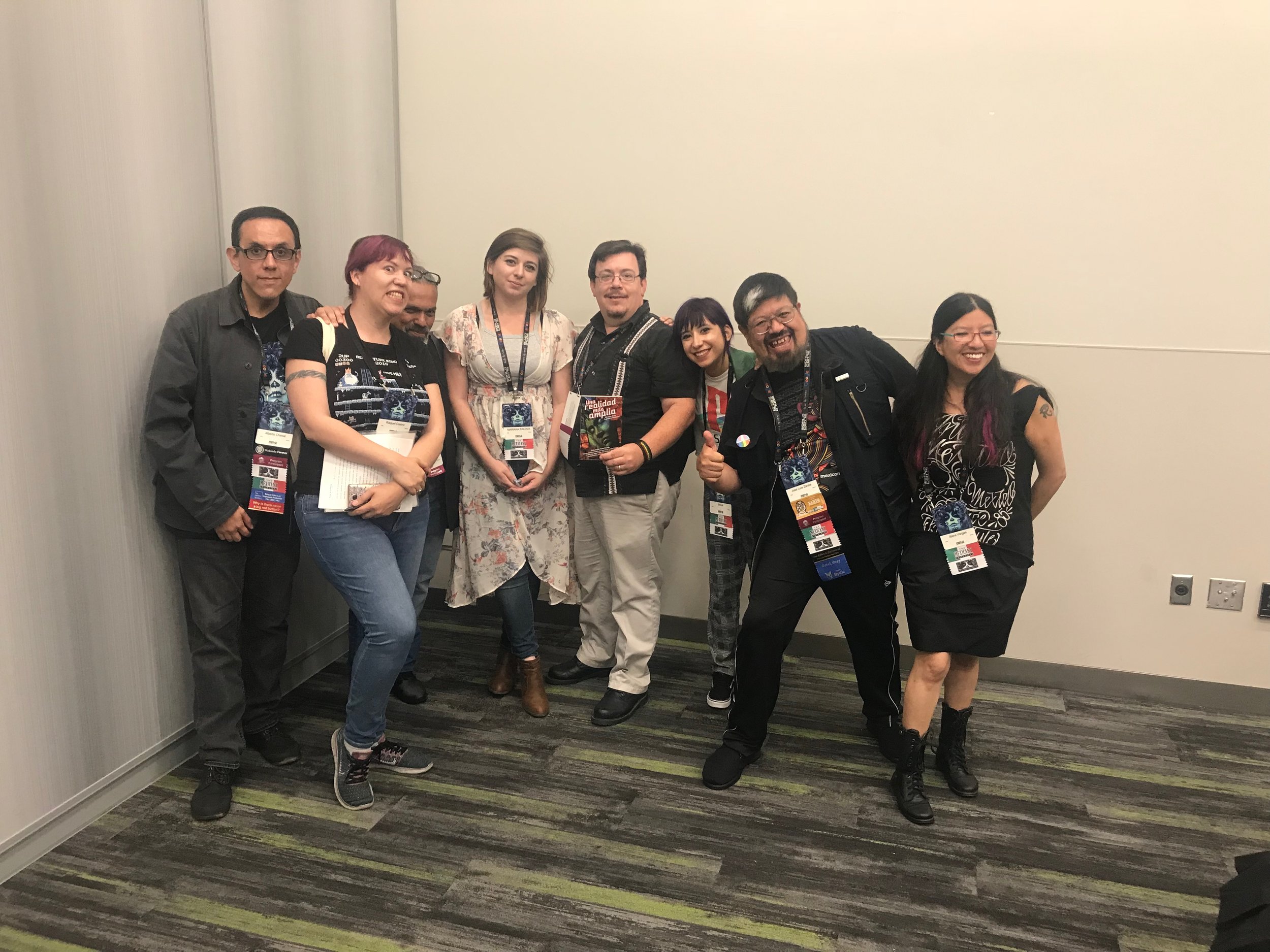 The Spanish language Mexicanx Initiative reading group: Alberto Chmal, Raquel Castro, Gerardo Horacio Porcayo, Mariana Palova, David Bowles, Smok, José Luis Zárate, and Iliana Vargas (Photo by Julia Rios)