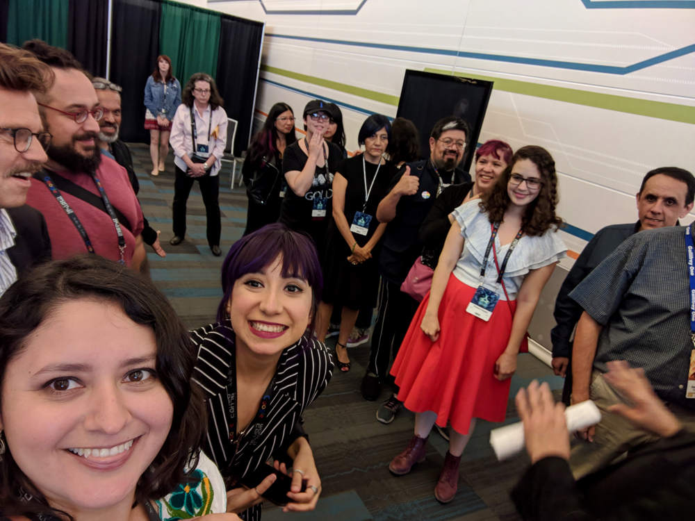 Mexicanx Initiative participants gathering backstage before the Worldcon 76 opening ceremonies (Photo by Dianita Cerón)