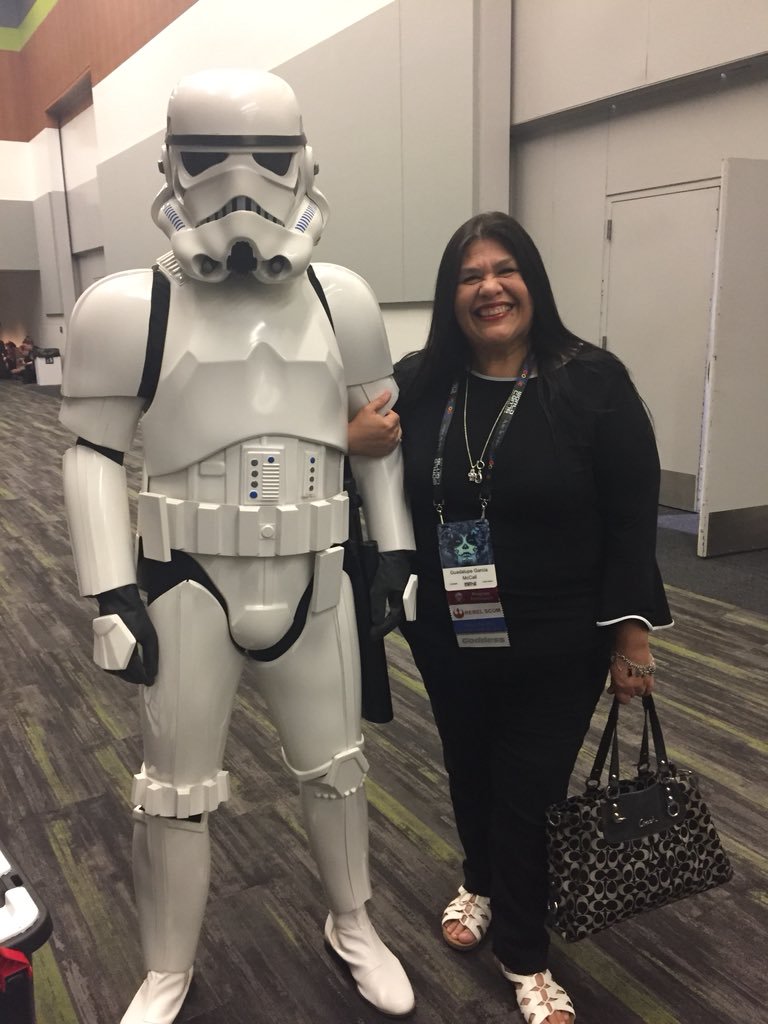 Guadalupe Garcia McCall with a stormtrooper at Worldcon 76 (Sent by Guadalupe Garcia McCall; photo by Anonymous on Guadalupe's phone)