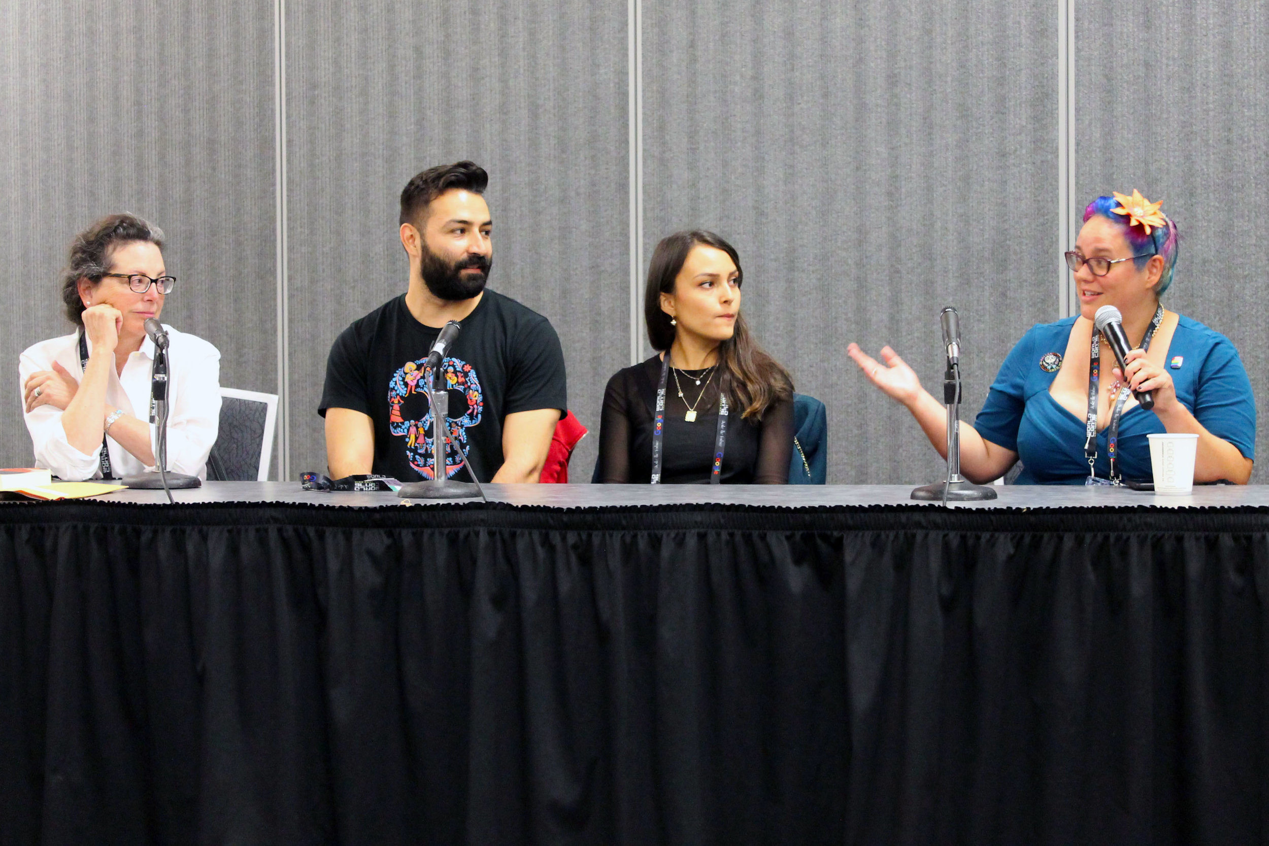 Marcela Davison Avilés, Adrian Molina, Ana Ramirez, and Julia Rios at the Making of Coco panel (Julia Rios; photo by Kateryna Barnes)