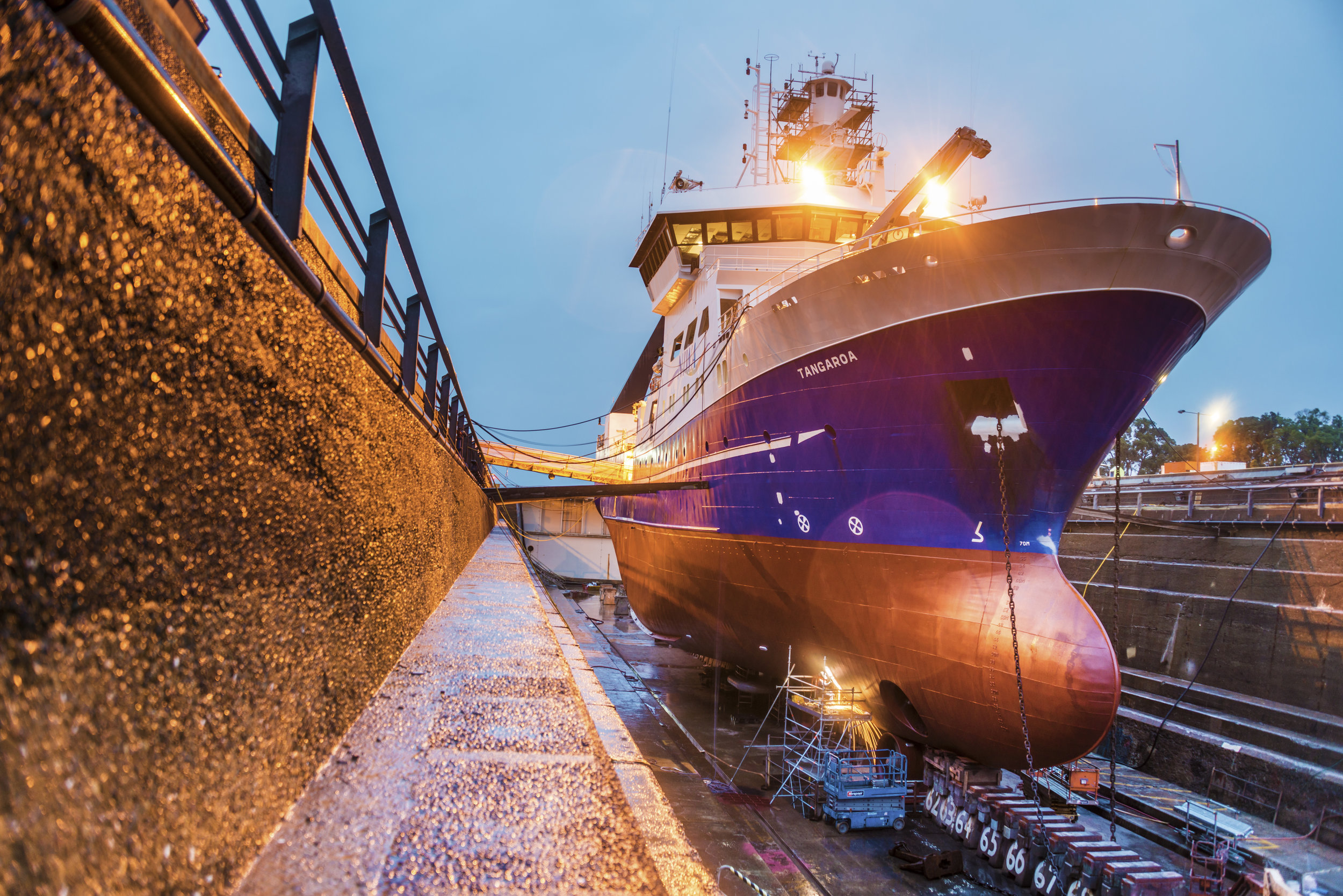  New Zealand’s only purpose built deep-water research vessel RV Tangaroa in drydock at Devonport naval yard. [Dave Allen for NIWA] 