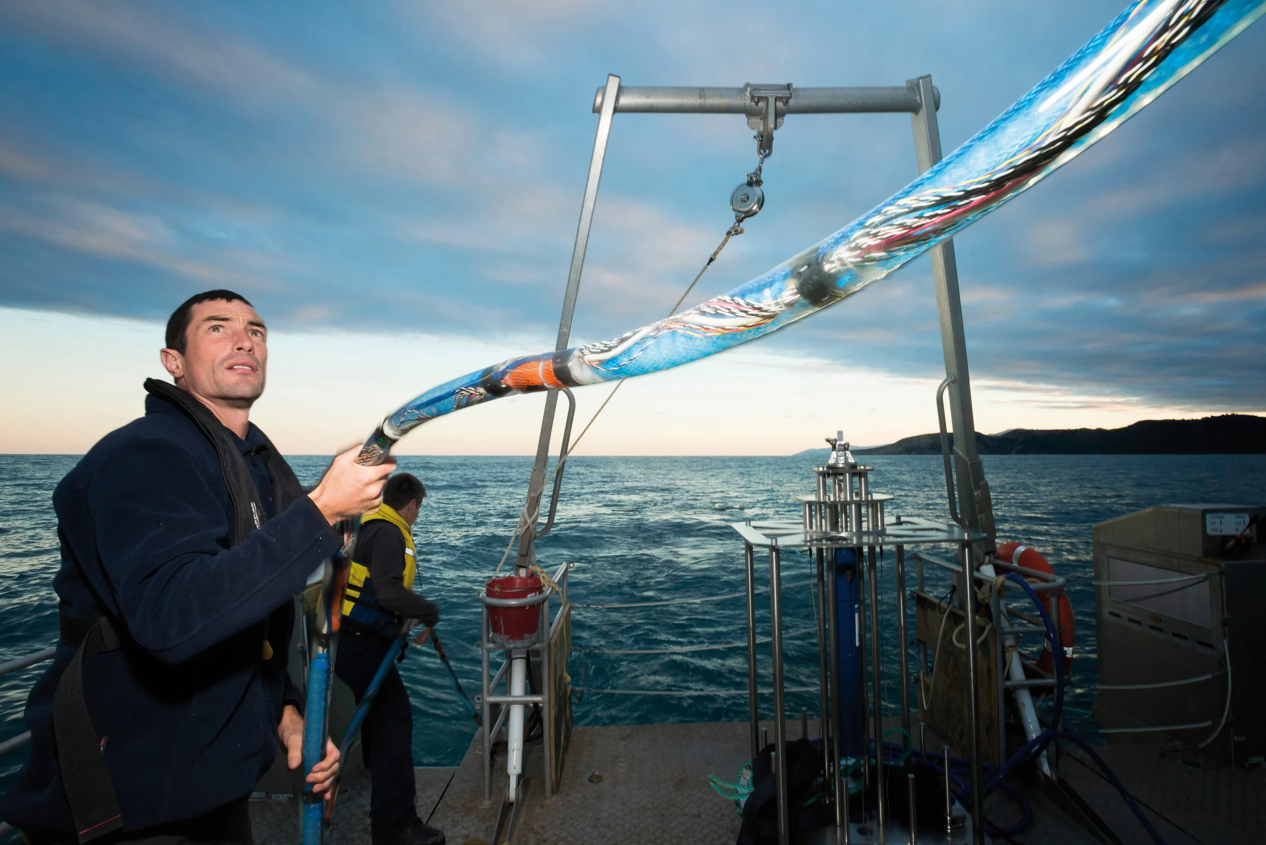  Joshu Mountjoy and Susanne Woelz prepare equipment, that will help researchers better understand Kaikoura’s complex seafloor geology. [Dave Allen for NIWA] 