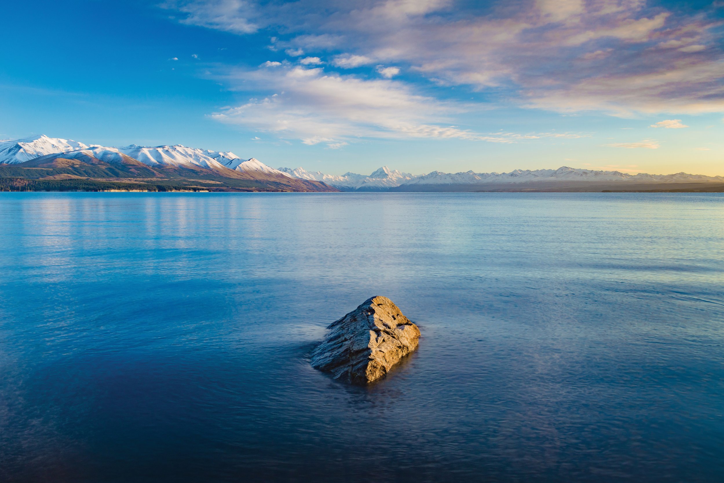  A mid-winter sunrise over Lake Pukaki with contrasting shadows and light, cold and warmth, blue and gold. [Dave Allen for NIWA]   
