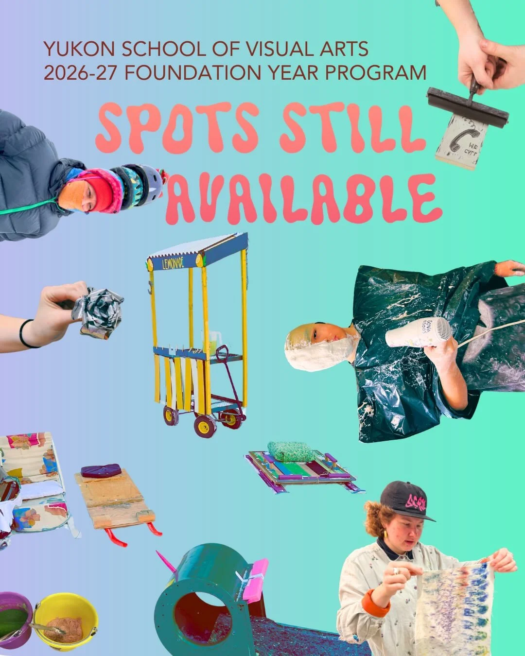 ONE WEEK LEFT TO APPLY!

This could be your year to study visual arts on the edge of the Arctic! Spaces are still available for the 2026-27 Foundation Year Program at the Yukon School of Visual Arts.

Accredited through Yukon University, our 8-month 