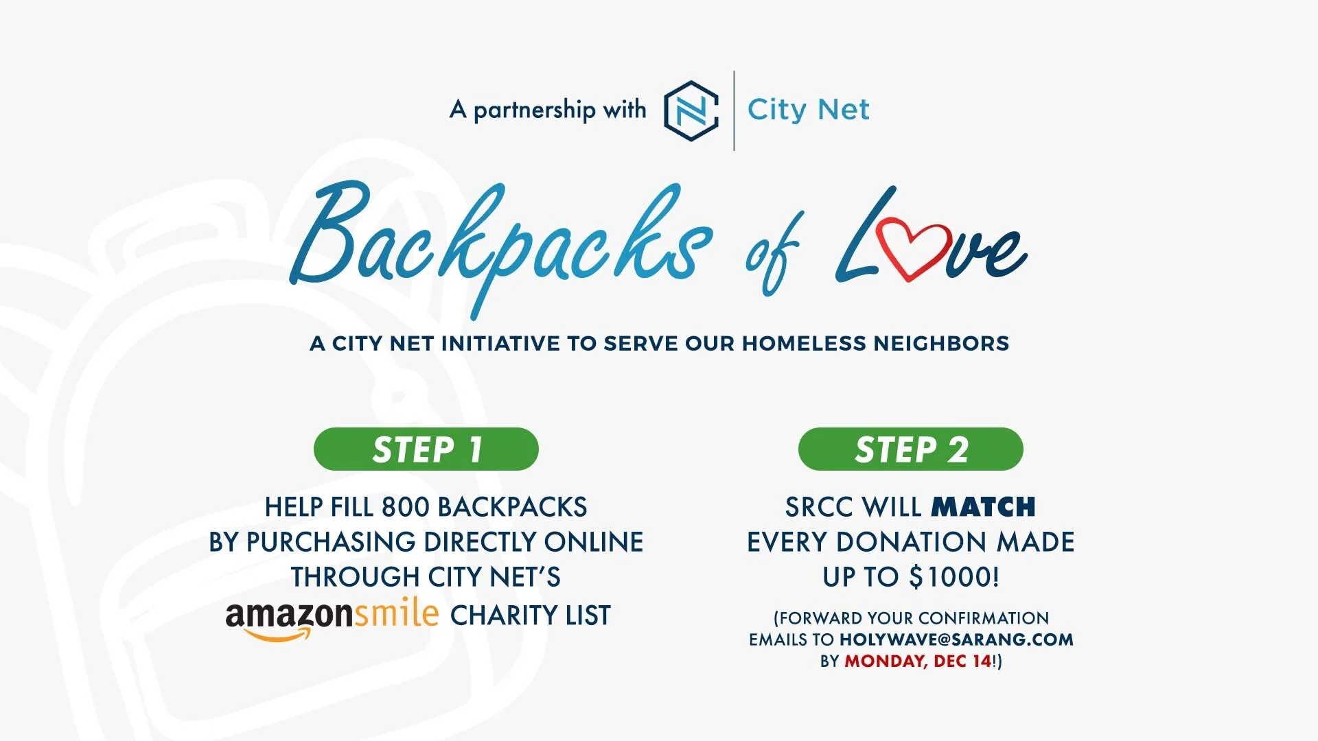 City Net "Backpacks of Love" Donation (1:1 Match!)