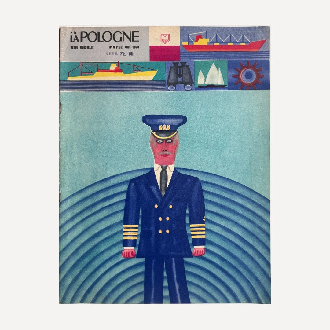 Beautiful French version of the vintage La Pologne (Polska) Magazine, with cover ‘To Those On The High Seas’ (Pour Ceux Qui Sont En Mer) designed by Andrzej Krajewski in 1970.