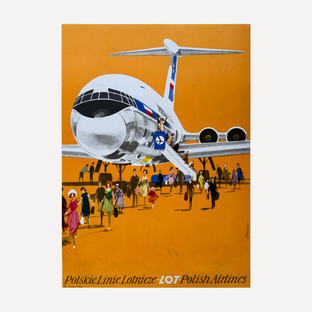 Polish Airlines LOT by Janusz Grabianski, 1975 Polish Travel Poster, Vintage Advertising Poster, Polish School of Posters, Rare Polish Poster, Projekt 26 Posters