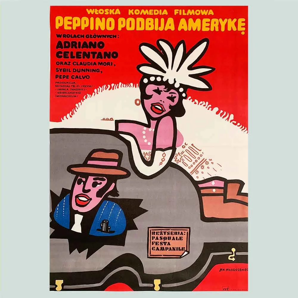 Mlodozeniec, Jan | 1974 | Peppino Conquers America | Peppino Podbija Ameryke | Polish Poster | Polski Plakat | Polish School of Posters | Midcentury Modern Art | Original Vintage Film Poster