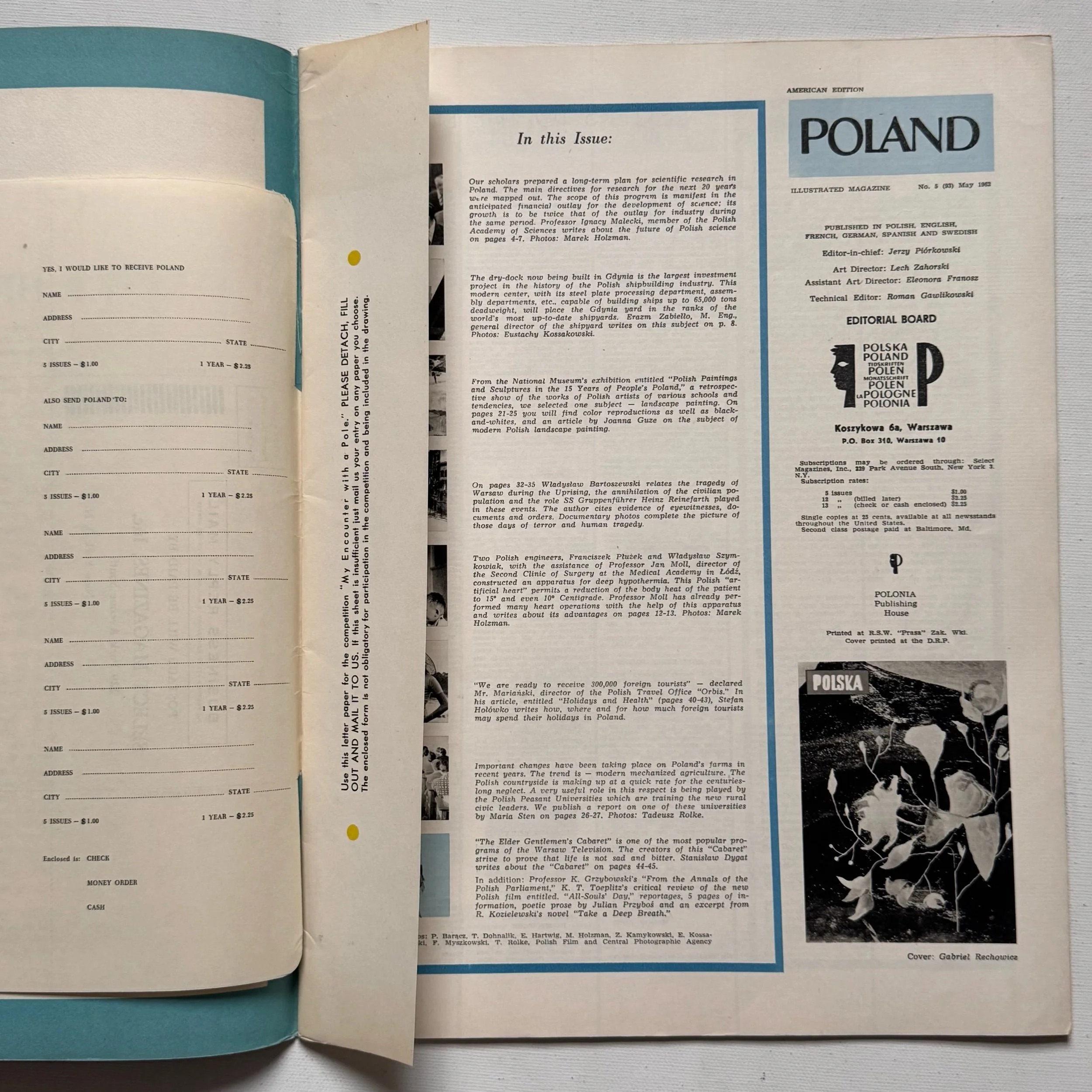 original vintage 1962 (no 5/93) Poland Magazine, with cover designed by Gabriel Rechowicz.