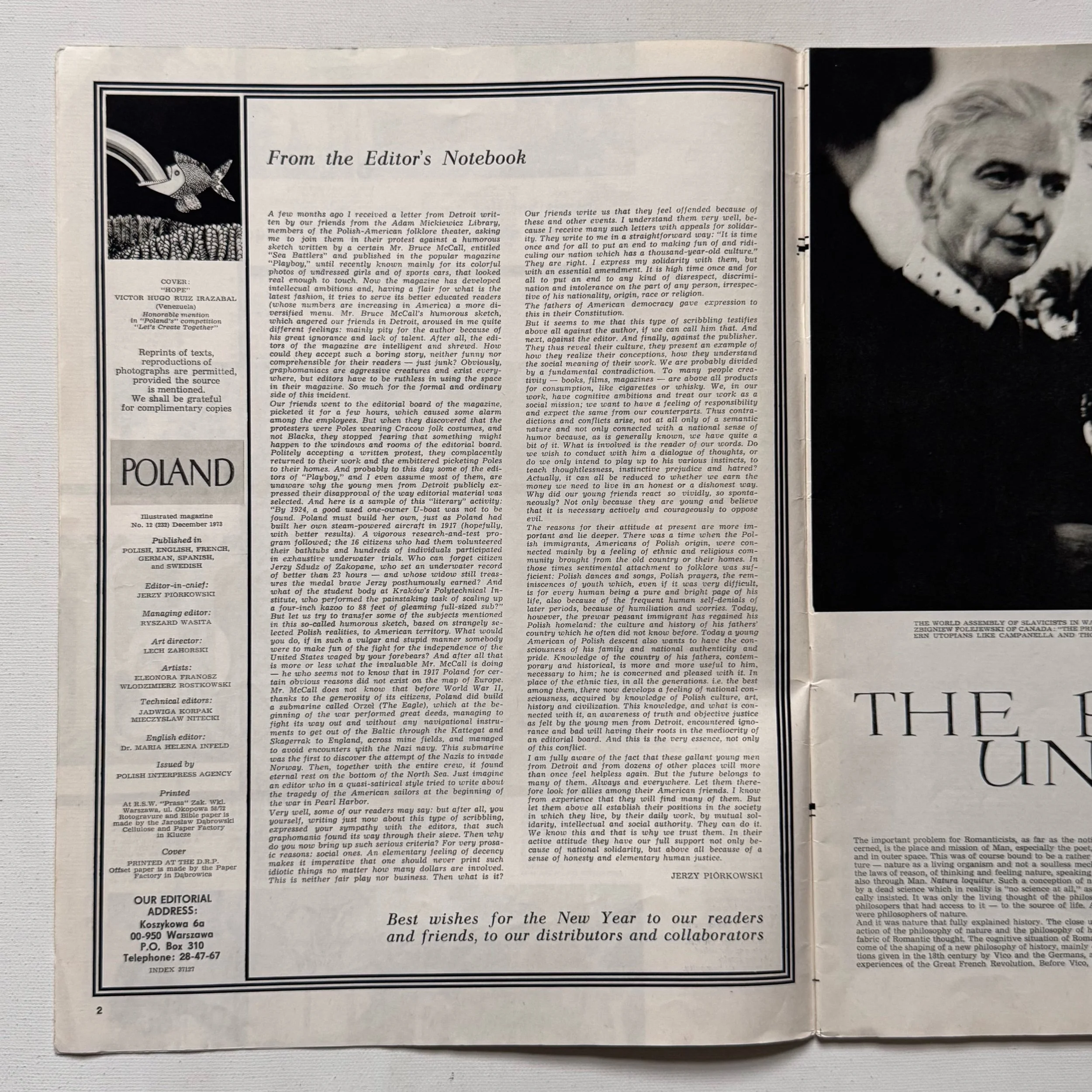 original vintage 1973 (no 12/232) Poland Magazine, with cover designed by Victor Hugo Ruiz Irazabal