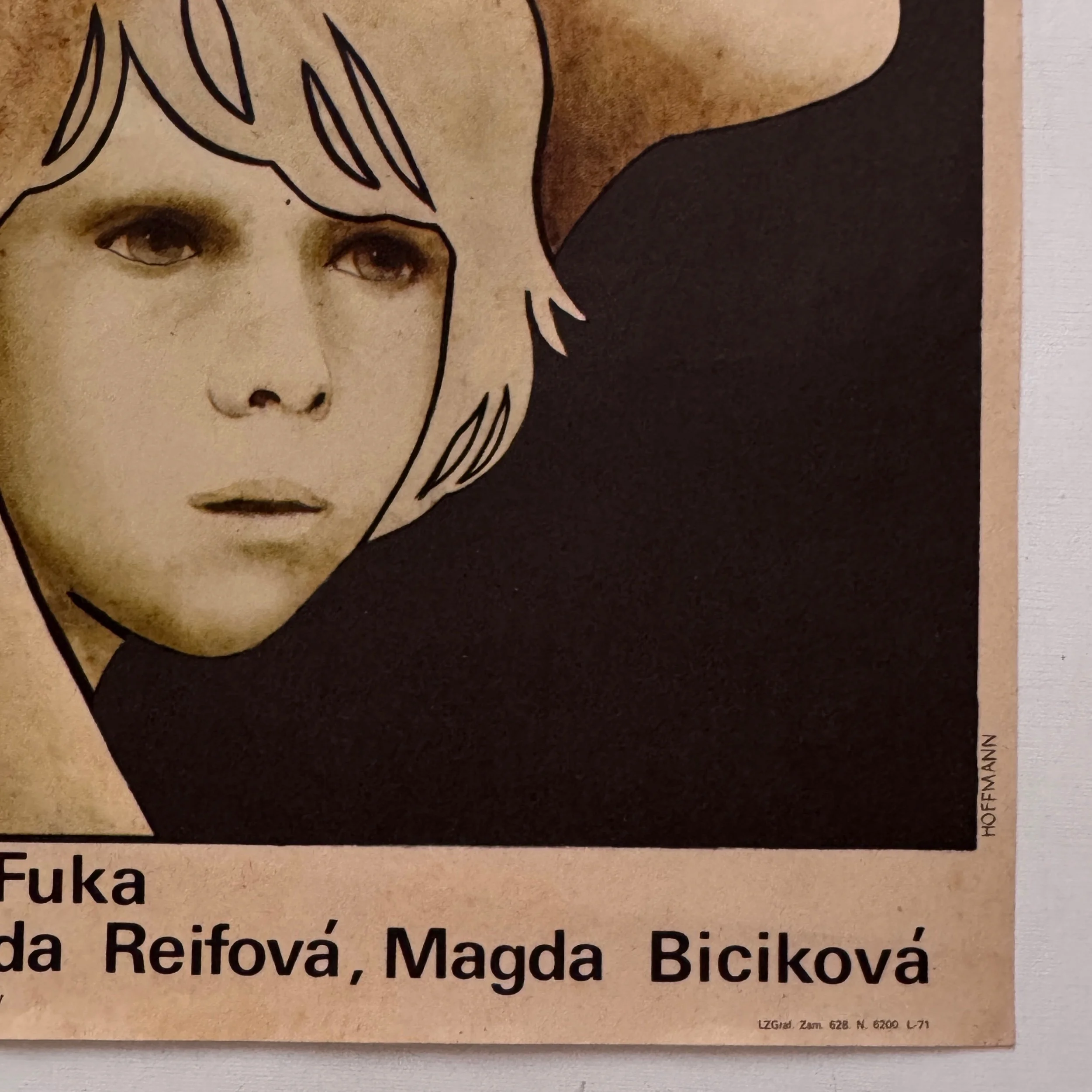 Vintage Polish poster designed by Krystyna Hoffmann-Pagowska in 1981 for a Czechoslovakian film Piatek Nie Swiatek Friday is No Holiday