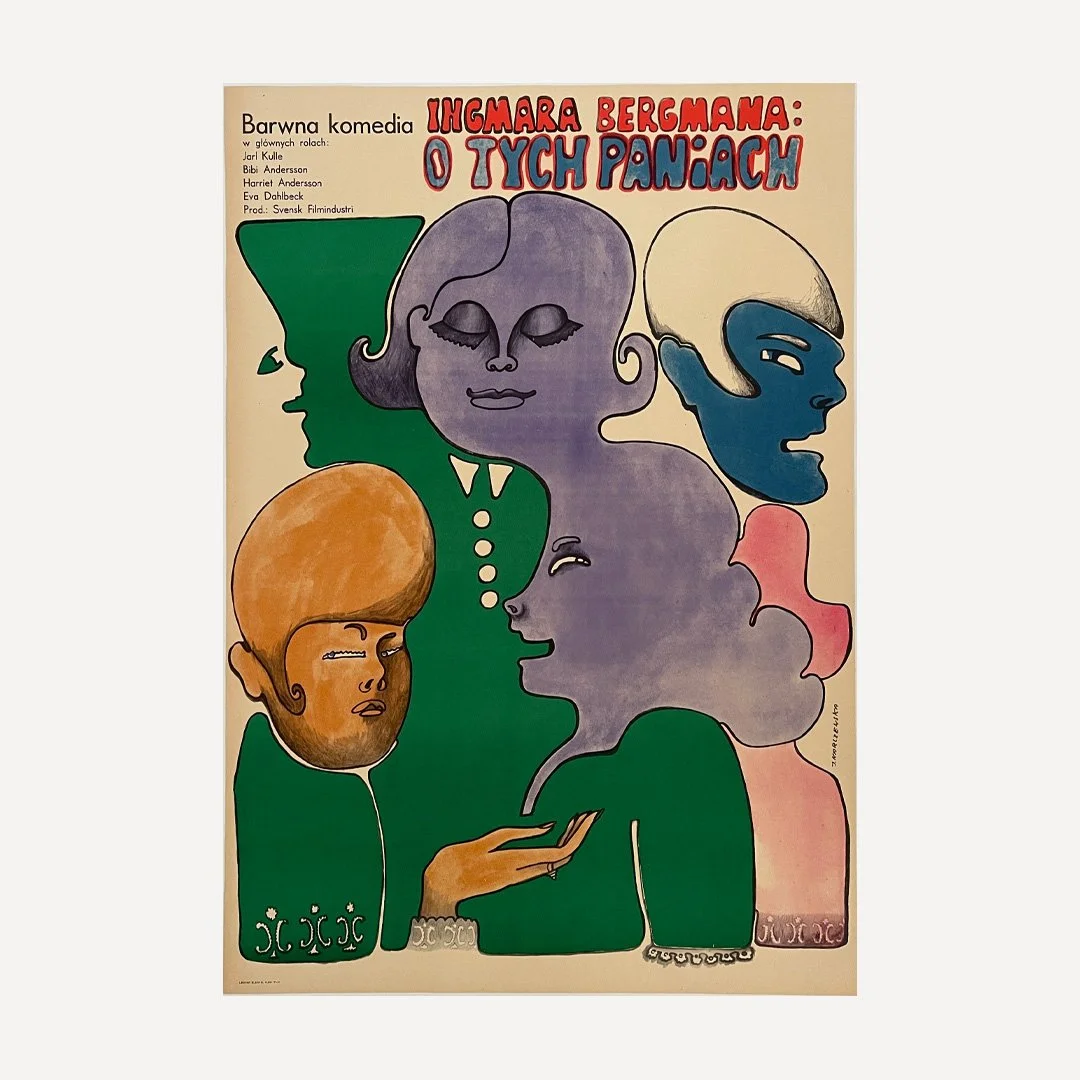 This incredibly beautiful 1967 vintage Polish film poster design by Jolanta Karczewska is for the 1964 Swedish film ‘O Tych Paniach’ (All These Women/För Att Inte Tala Om Alla Dessa Kvinnor).