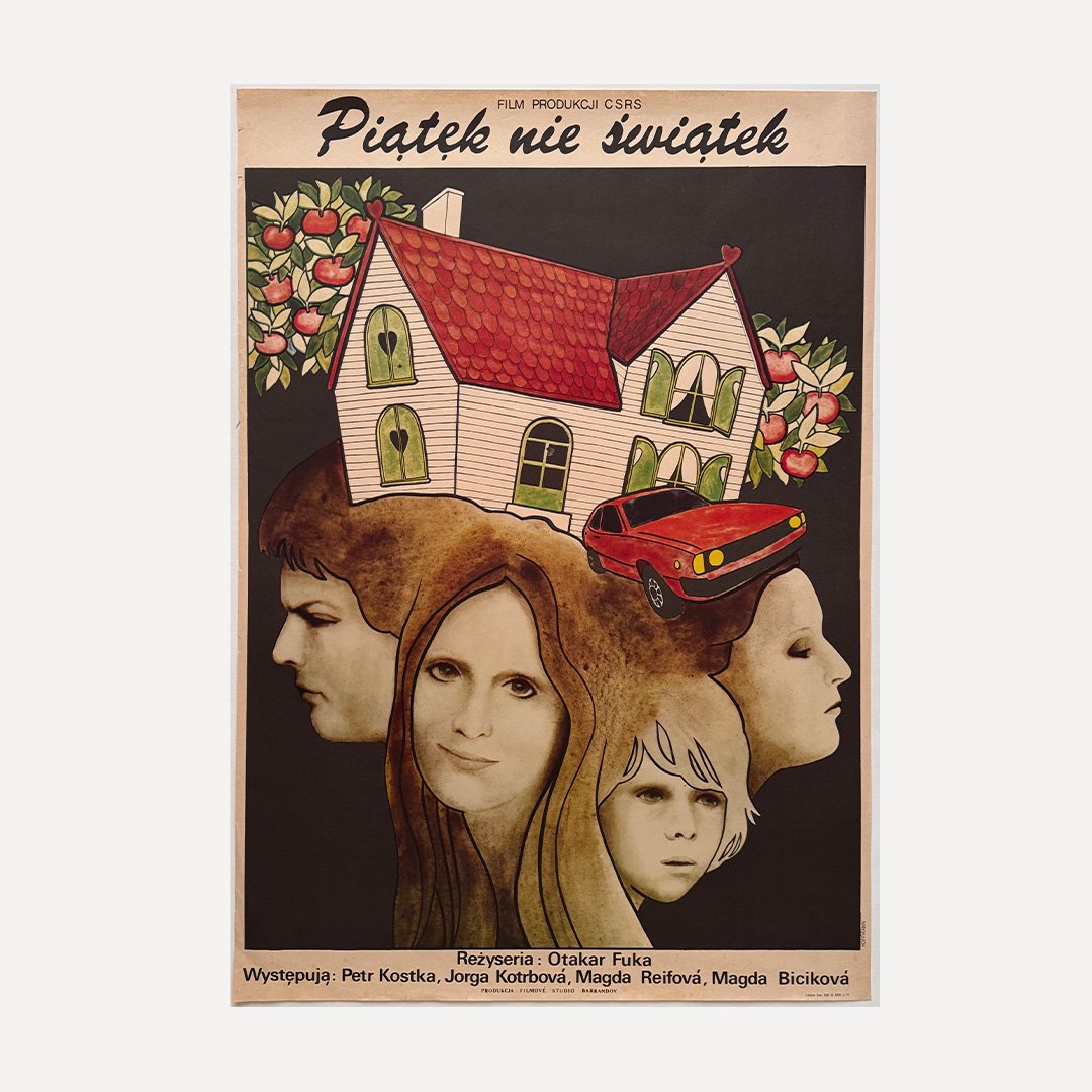Vintage Polish poster designed by Krystyna Hoffmann-Pagowska in 1981 for a Czechoslovakian film Piatek Nie Swiatek Friday is No Holiday