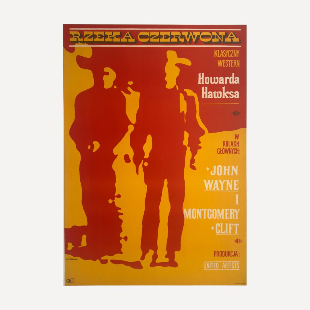 Original vintage Polish poster from 1967 for an American film ‘Rzeka Czerwona’ (Red River) designed by Maciej Zbikowski.