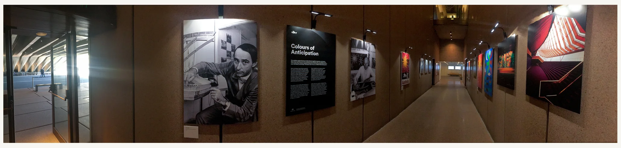 Panorama of Bennelong Passage at Sydney Opera House. Exhibit space shows the story of the curtains in the context of the building’s creation.