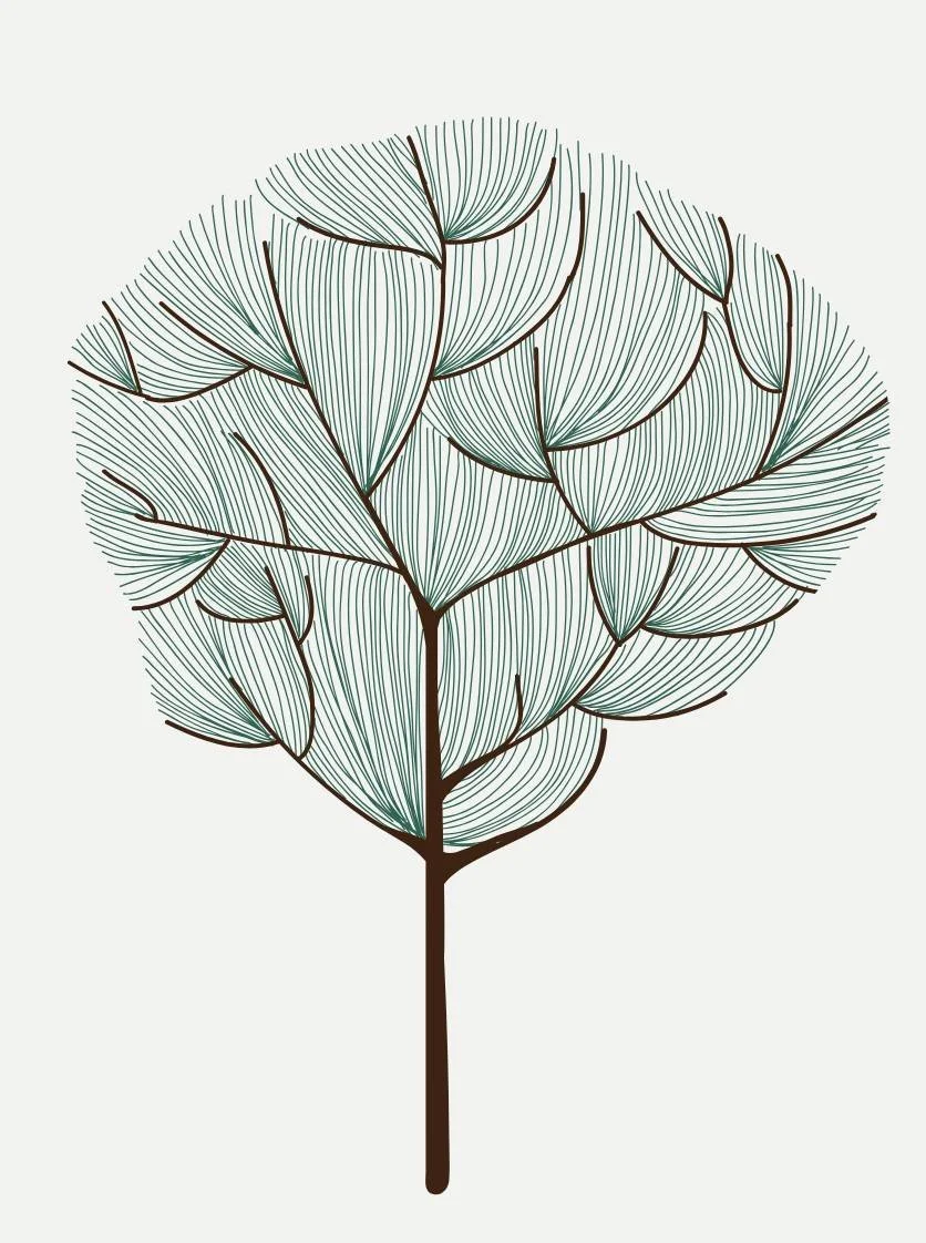 A stylized illustration of a tree with many overlapping leaves with detailed veining, in a minimalist style with a neutral background.