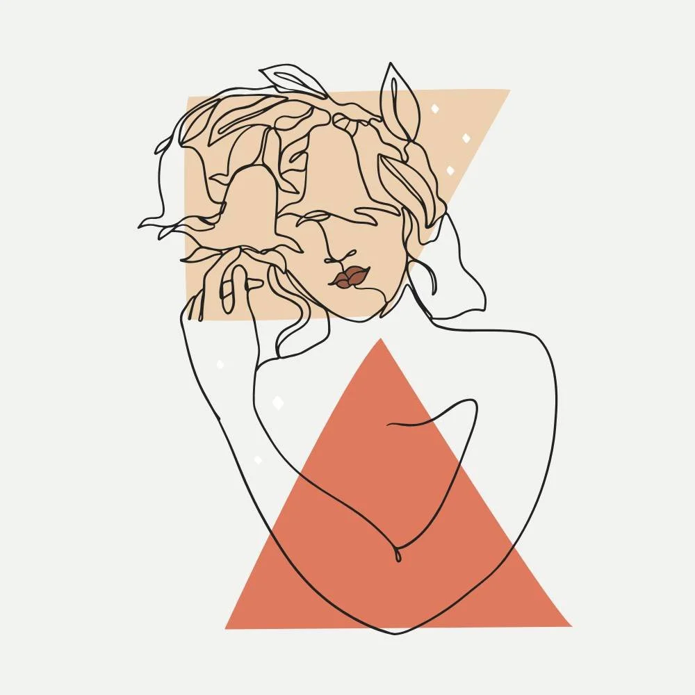 A minimalistic line drawing of a woman with her eyes closed, touching her face, with abstract beige and orange geometric shapes in the background.