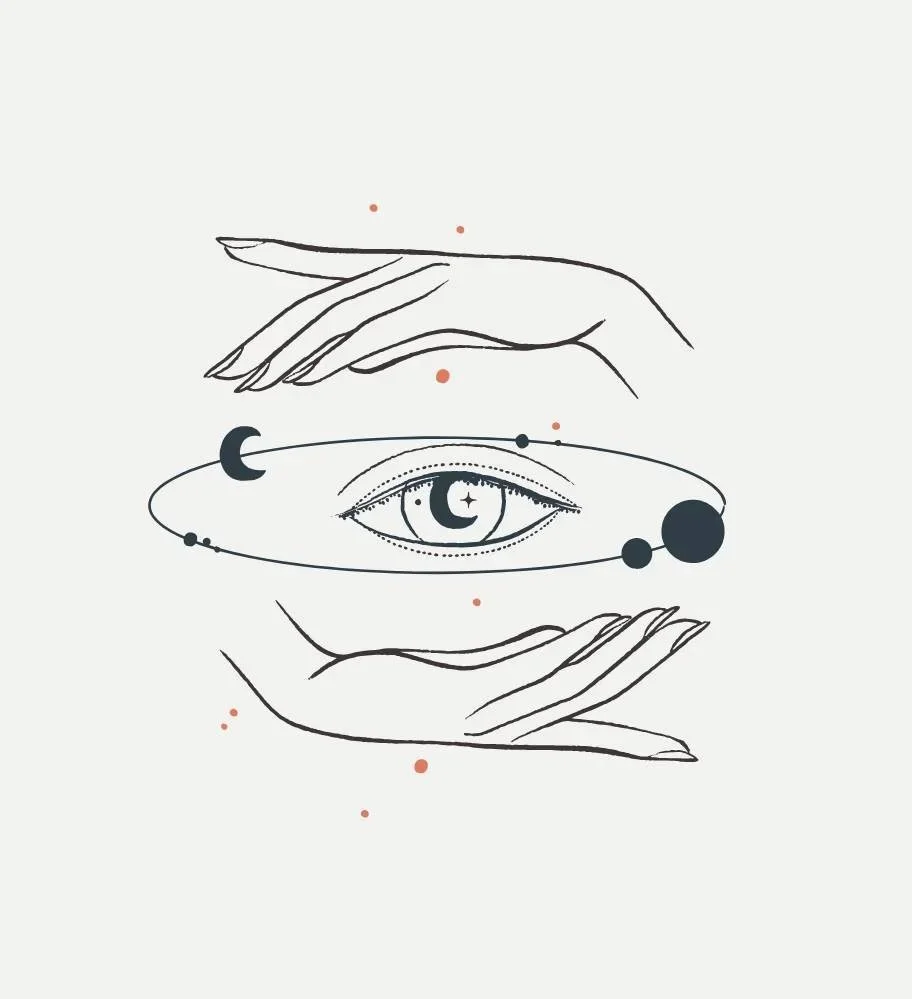 A minimalist line drawing of two hands surrounding an eye with celestial elements like the moon and planets.