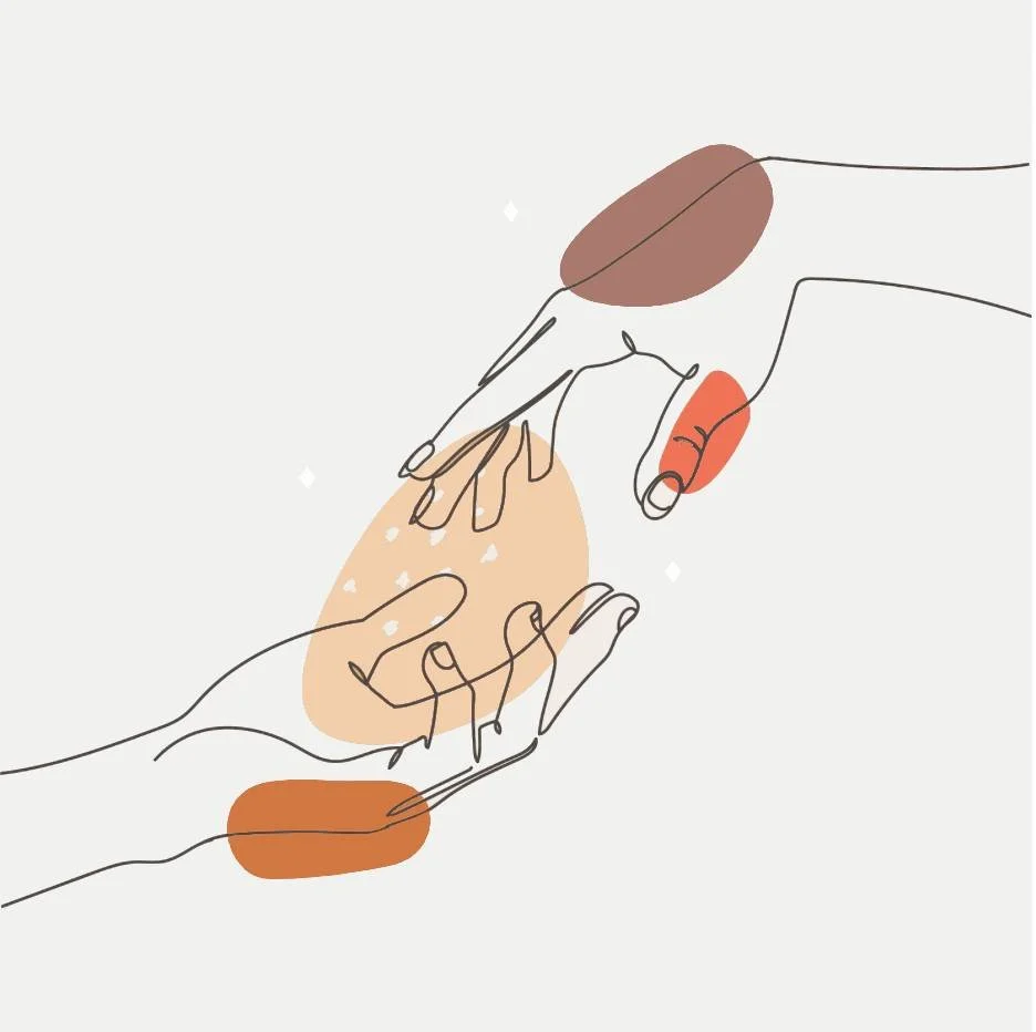 Minimalist digital line drawing of three hands reaching towards each other over an oval shape with abstract colored patches in brown, red, and beige, on a light background.