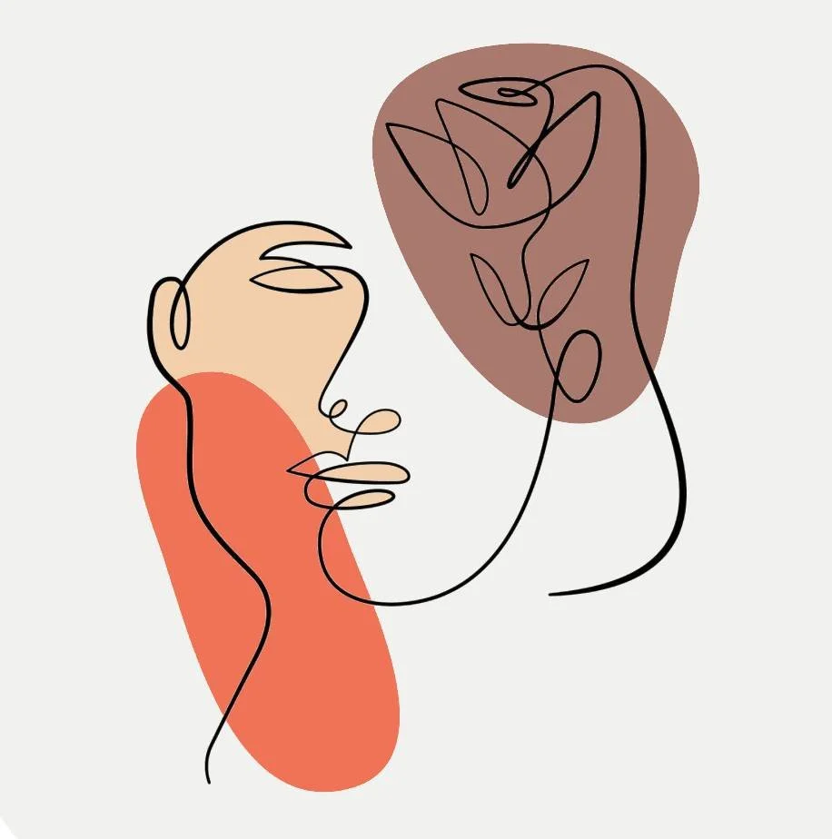 Abstract line art drawing of a face in profile with colored shapes representing facial features and shading, including beige, red, and brown elements.