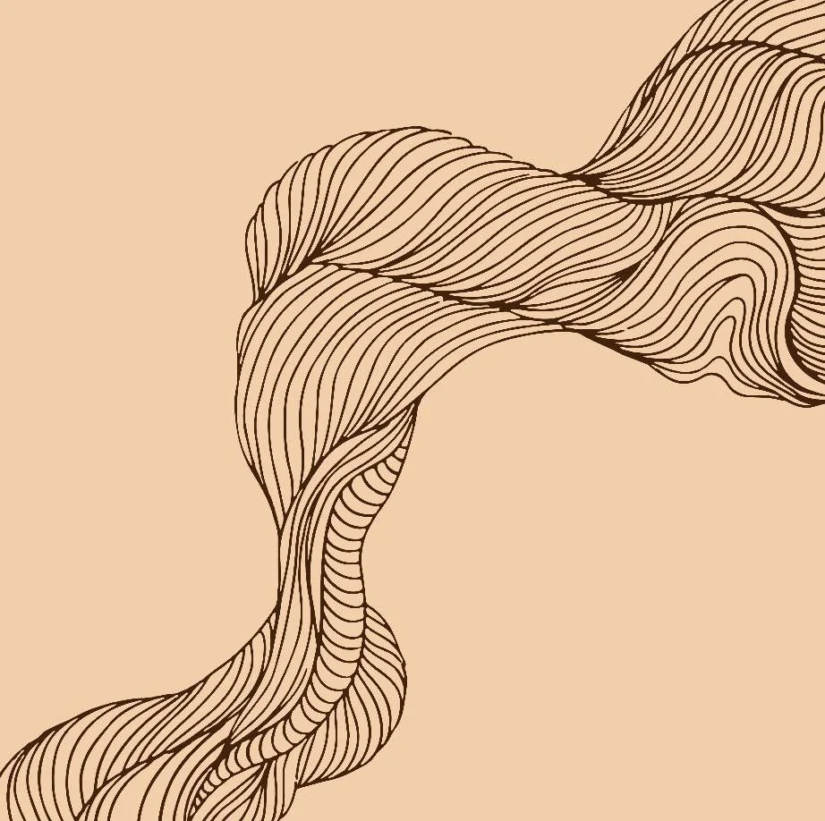Abstract illustration of flowing hair with wavy lines on a beige background.