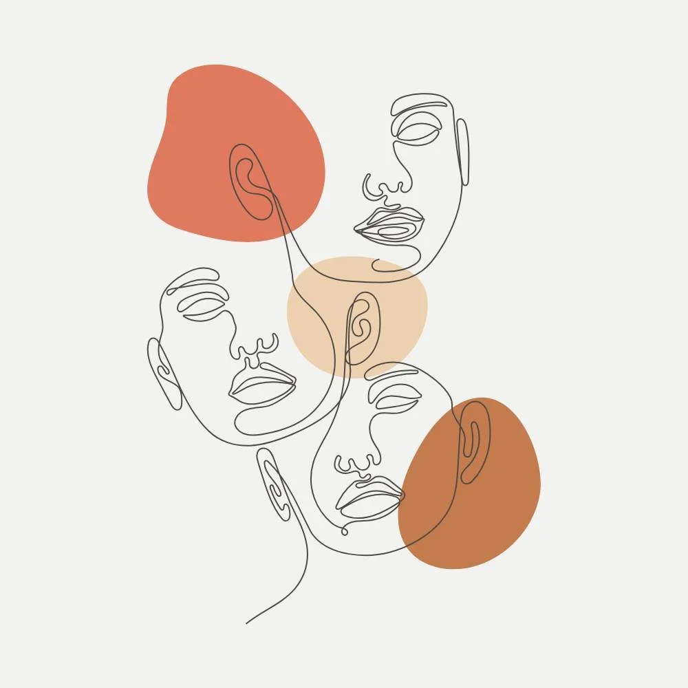 Contemporary line art drawing of three women's faces with colored abstract shapes behind them.