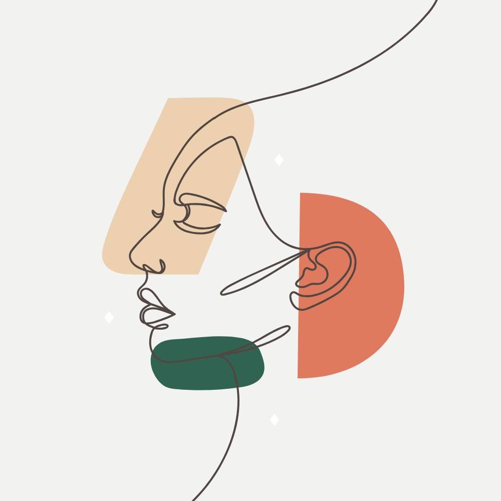 Abstract line drawing of a woman's face with a cup, an ear, and geometric shapes in beige, green, and red tones.