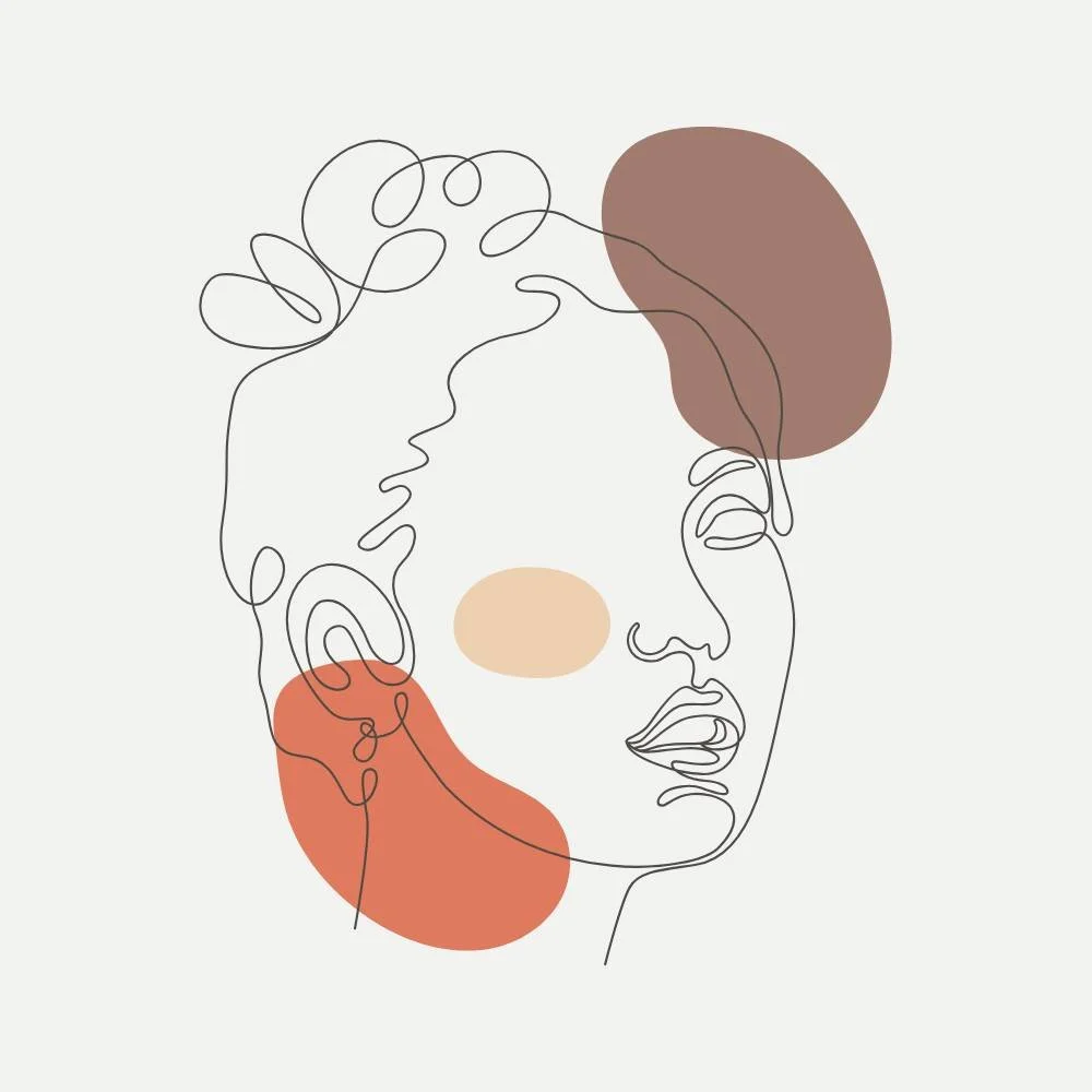 Minimalist line drawing of a woman's face with colored abstract shapes highlighting parts of her face and head