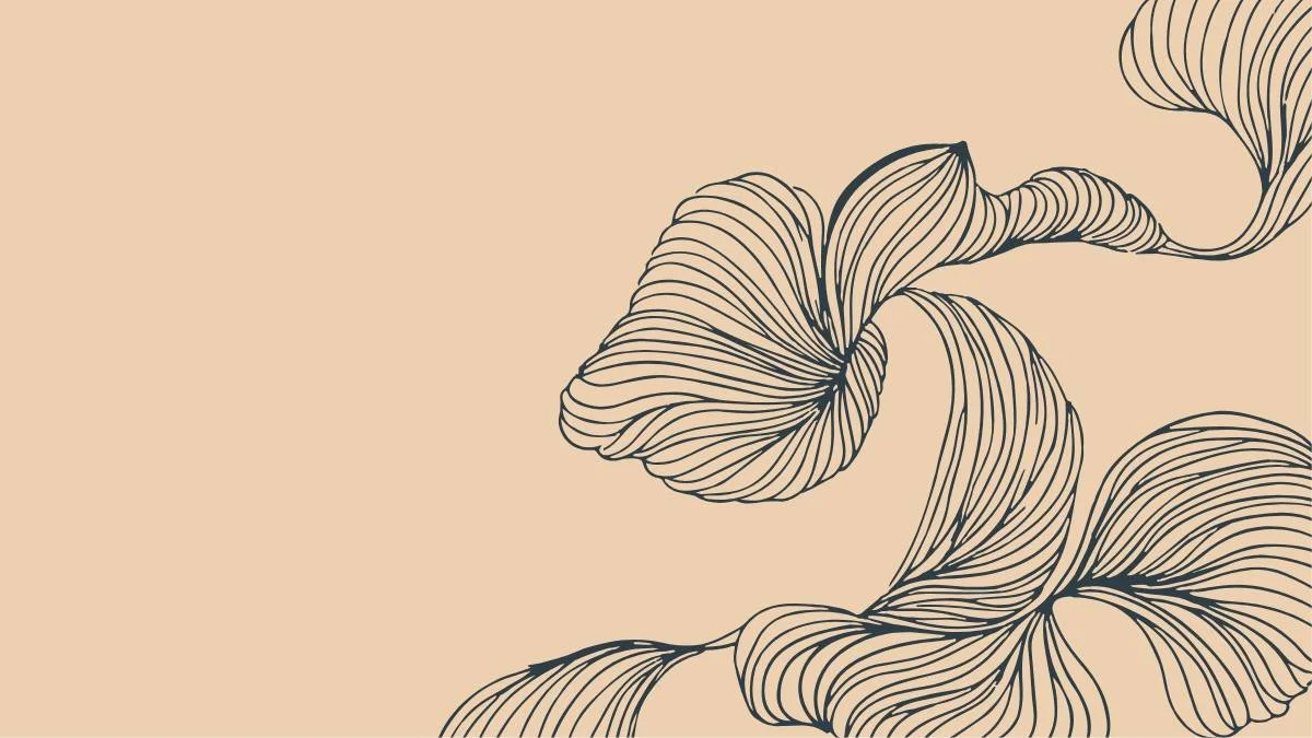 Abstract line art floral illustration with flowing, curved lines on a beige background.