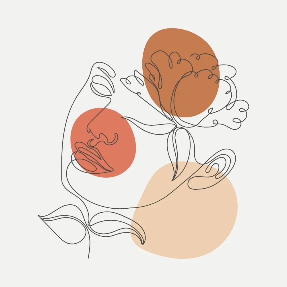 Abstract line drawing of a woman's face with a flower, using continuous line art with colored circles in brown, beige, and reddish-orange.