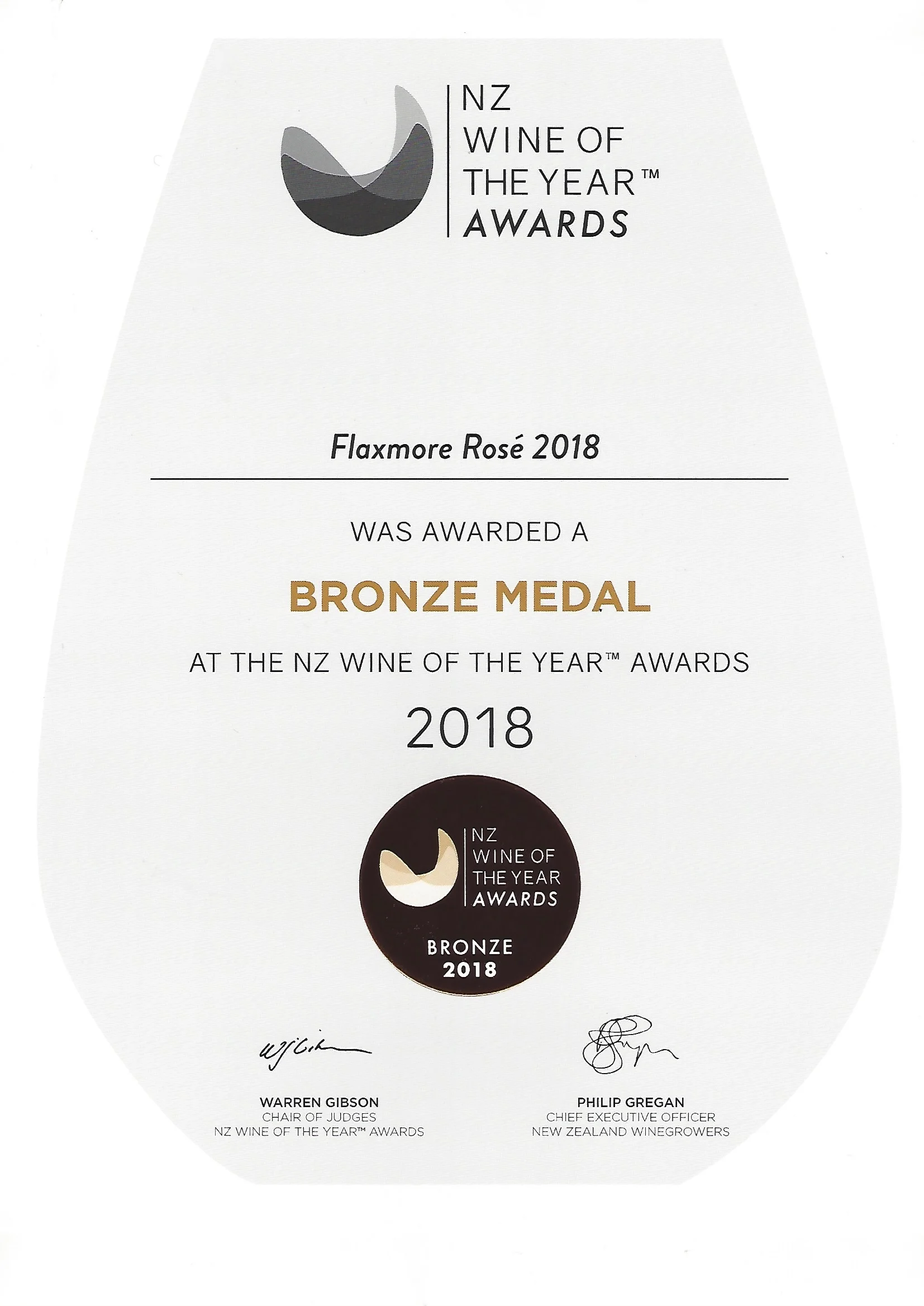 Flaxmore Rosé 2018 awarded a bronze medal at the New Zealand Wine Awards