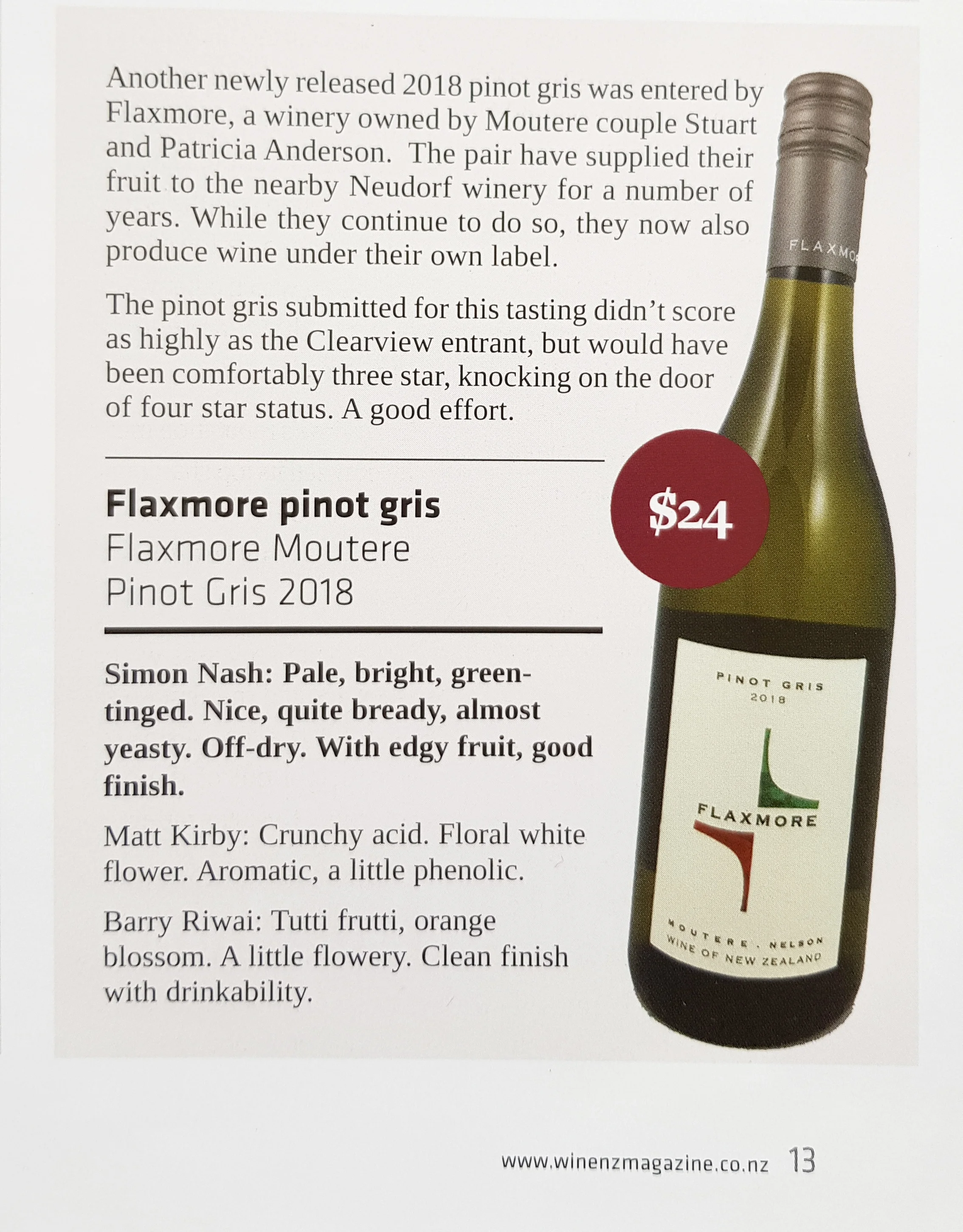 Flaxmore Pinot Gris 2018 Reviewed by WineNZ Magazine