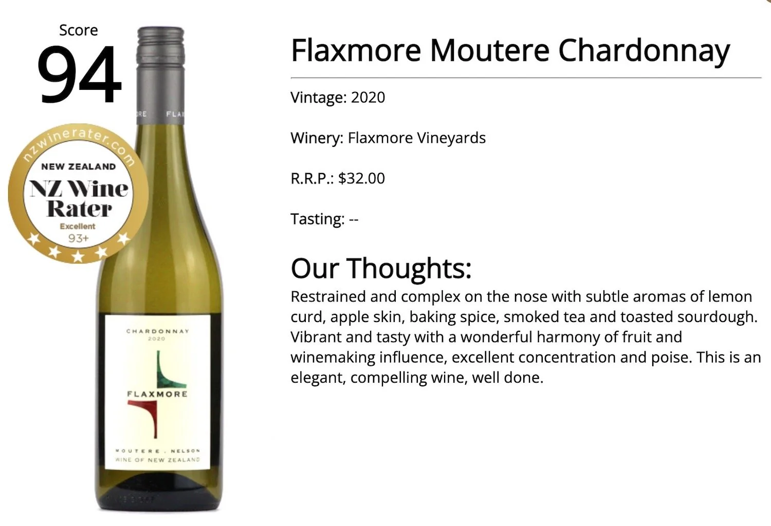 Flaxmore Chardonnay... 94 Points / 5 Stars