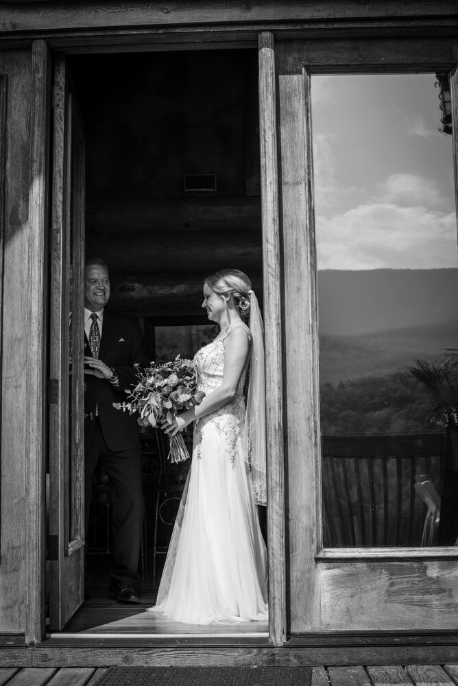 Gatlinburg mountain wedding bride waiting with father to walk down the aisle