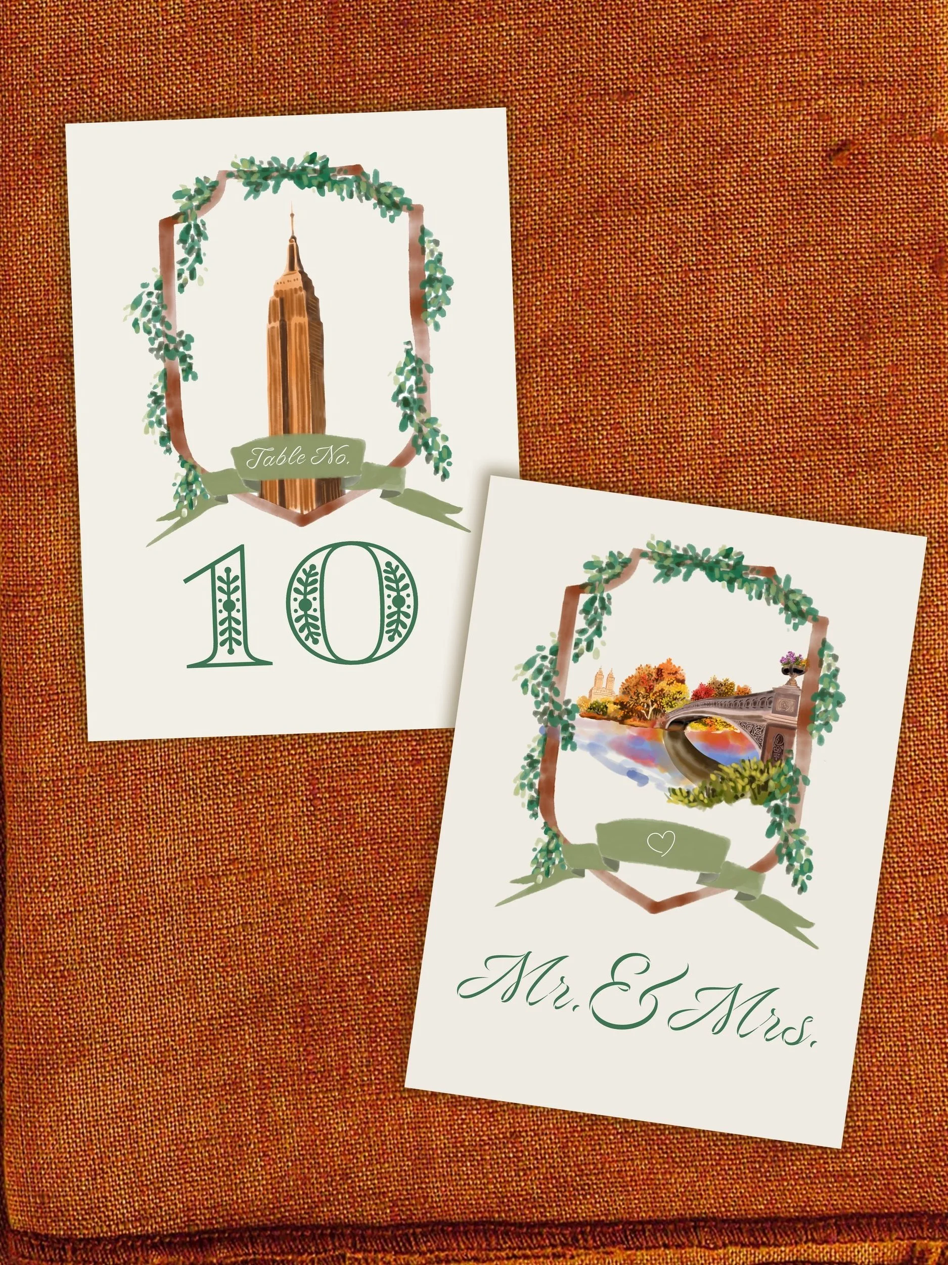  Two from the series of table numbers with paintings of New York City landmarks 