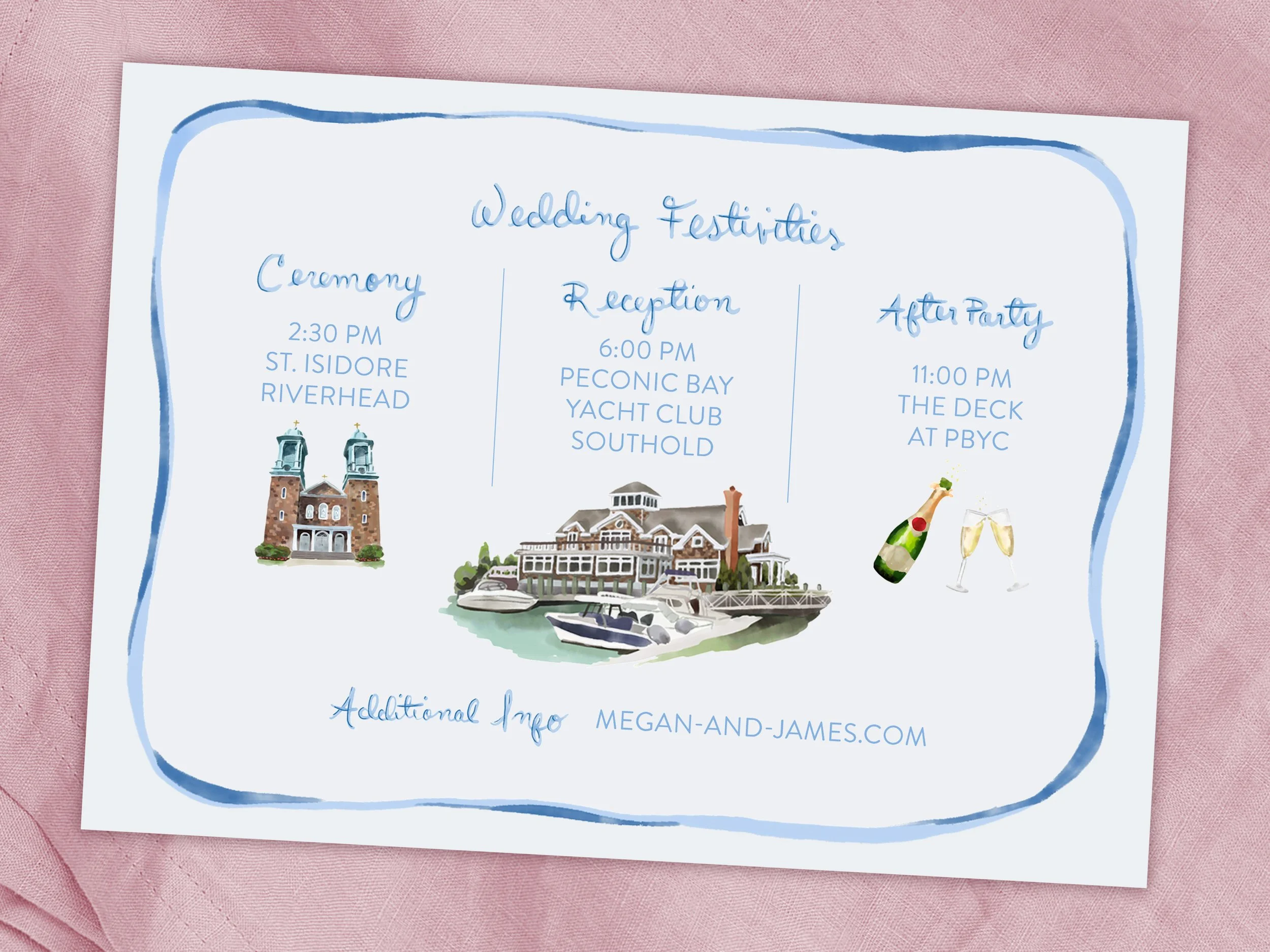  Detail of the itinerary insert card featuring watercolour venue illustrations 