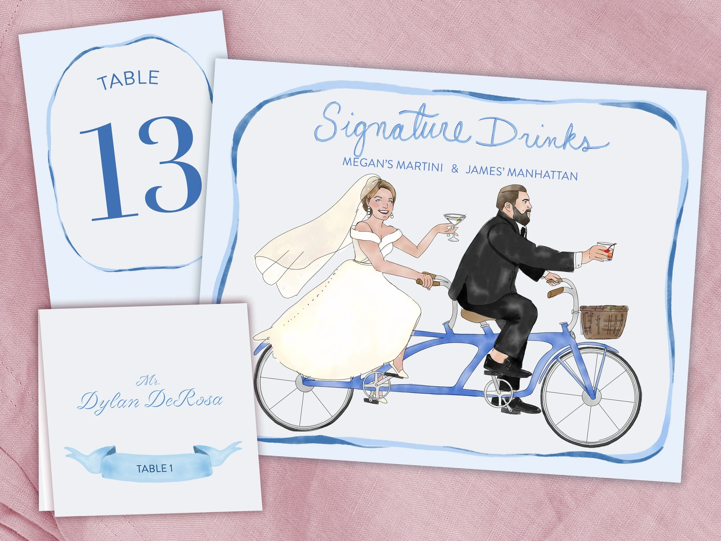  Day-Of Stationery: Table numbers, escort cards, and Signature Drink signs with portraits of the couple in their wedding attire riding a tandem bicycle 