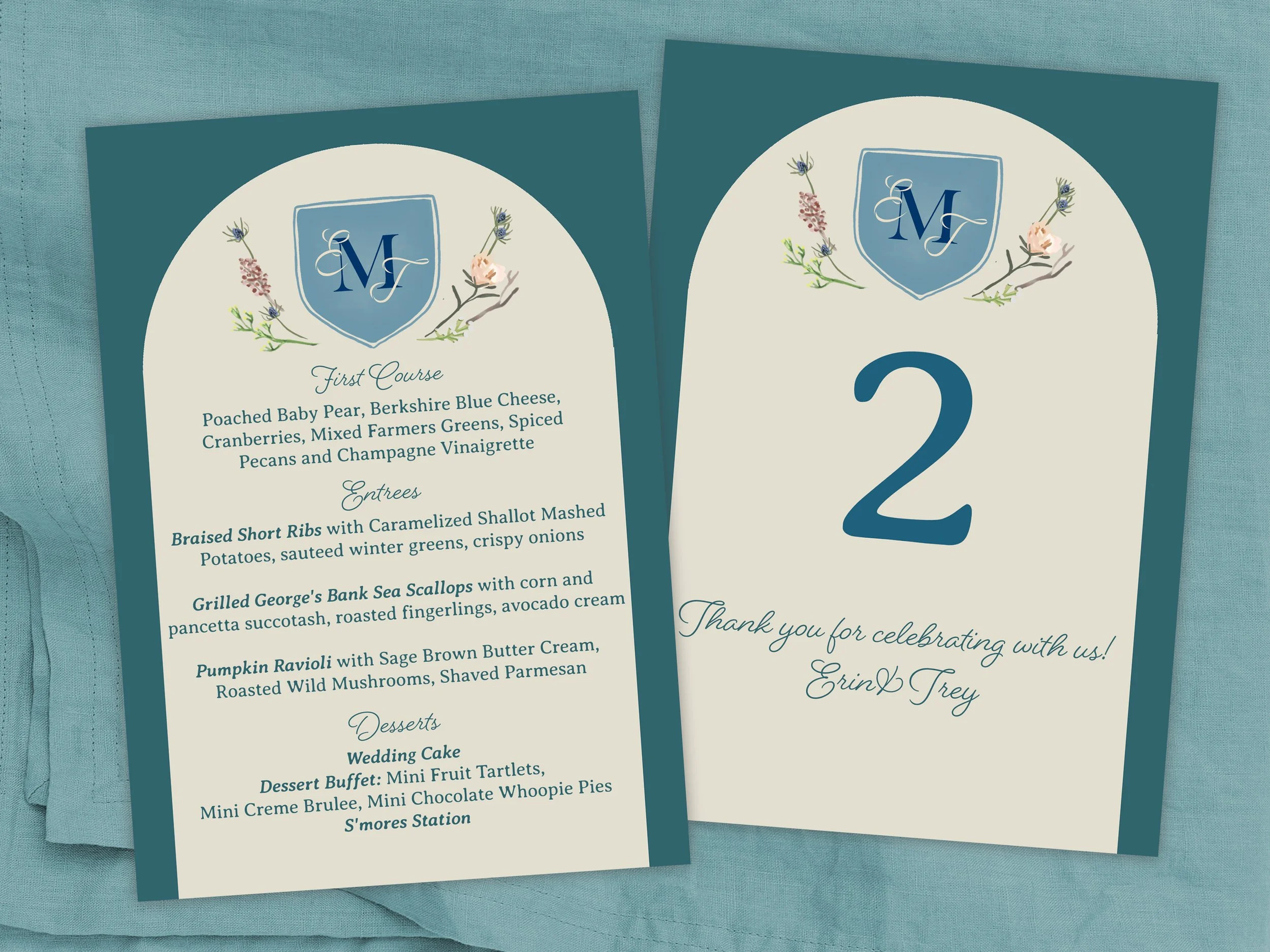  Day-Of Stationery: Table numbers and menu for each table with monogram crest and florals that match the invitation stationery 