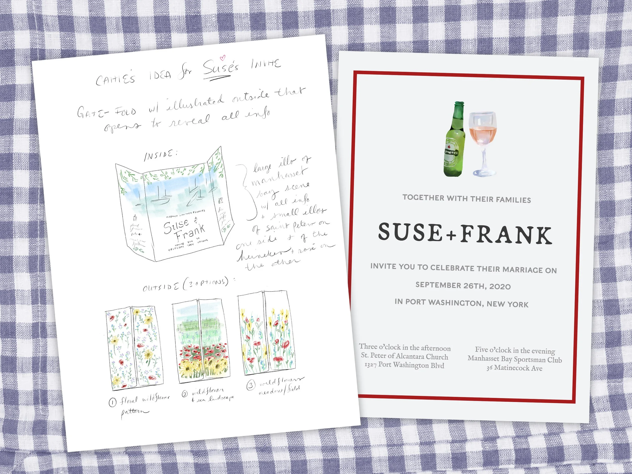  Process: The original proposal for printed invitation (left) and an early redesign option for the rescheduled event (right) 